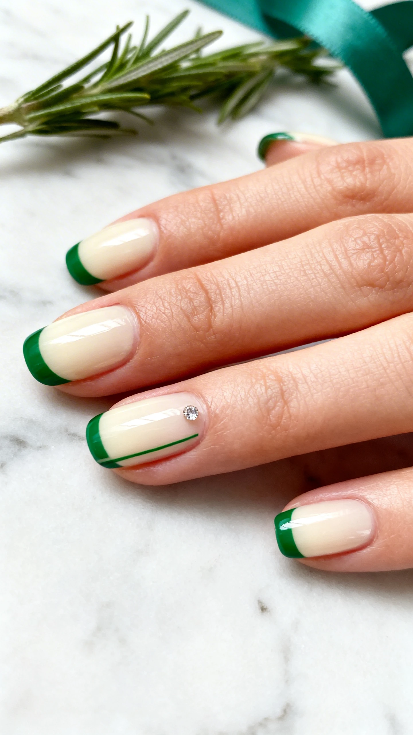 A crisp macro shot of one hand with short, softly rounded square nails: sheer glossy pale-cream base, micro French tips in ultra-thin emerald green on every nail; ring finger has a single tiny crystal centered near the cuticle; middle finger displays a fine hand-painted green line whispering along the sidewall; luminous yet soft lighting to highlight precision lines and hydrated cuticles (apricot kernel + rosemary extract); background is a minimal marble surface with a sprig of rosemary and a hint of emerald ribbon, tastefully blurred; contemporary Instagram composition, only the nails in focus.