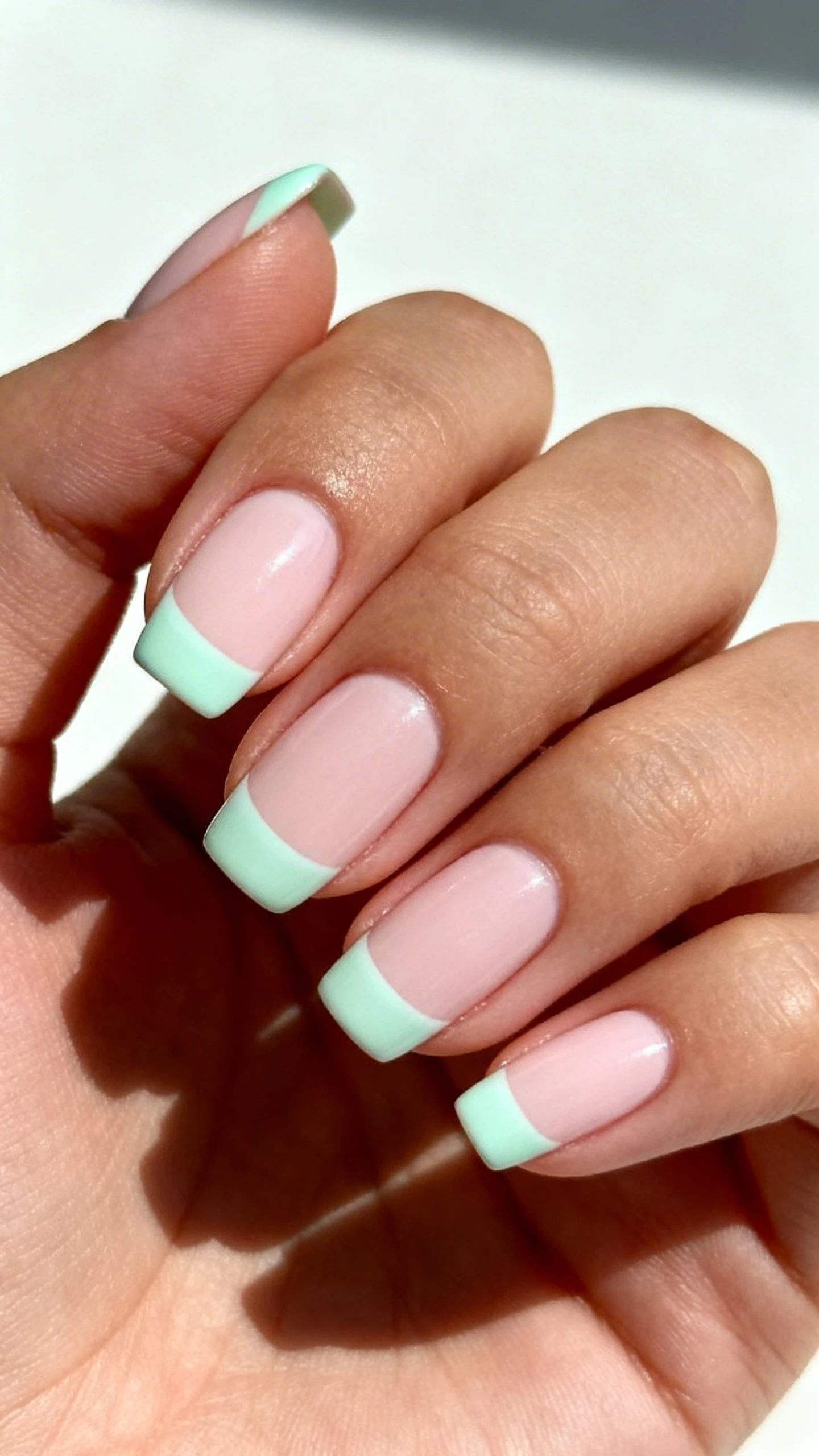 A crisp macro shot of one hand with short squoval nails, sheer pale pink base. Each nail has a slim pastel mint cream French tip about
