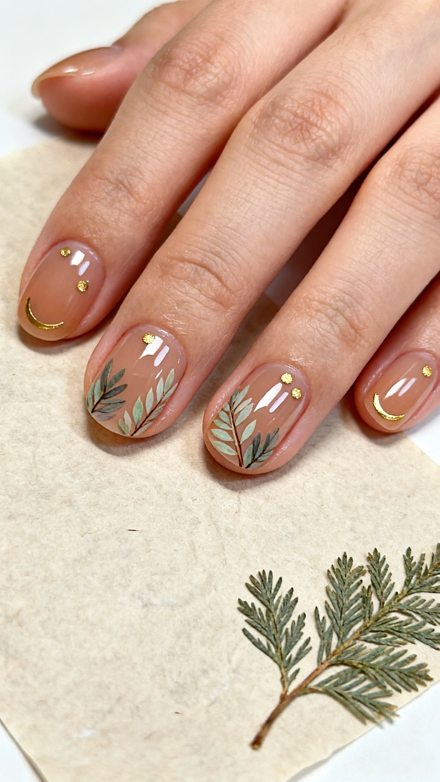 A detailed macro image of one hand with short round nails coated in a sheer tan, softly translucent jelly base; minimalist art features fine-line leaf clusters and slender stems in muted sage and dusty pine, placed as corner clusters at the lower side of select nails; tiny gold foil dots (1–3 per nail) sit near the art, with optional gold half-moons at the cuticles on two nails; luminous glossy topcoat; background includes a neutral parchment sheet and a pressed botanical sprig; clean, modern composition with no faces.