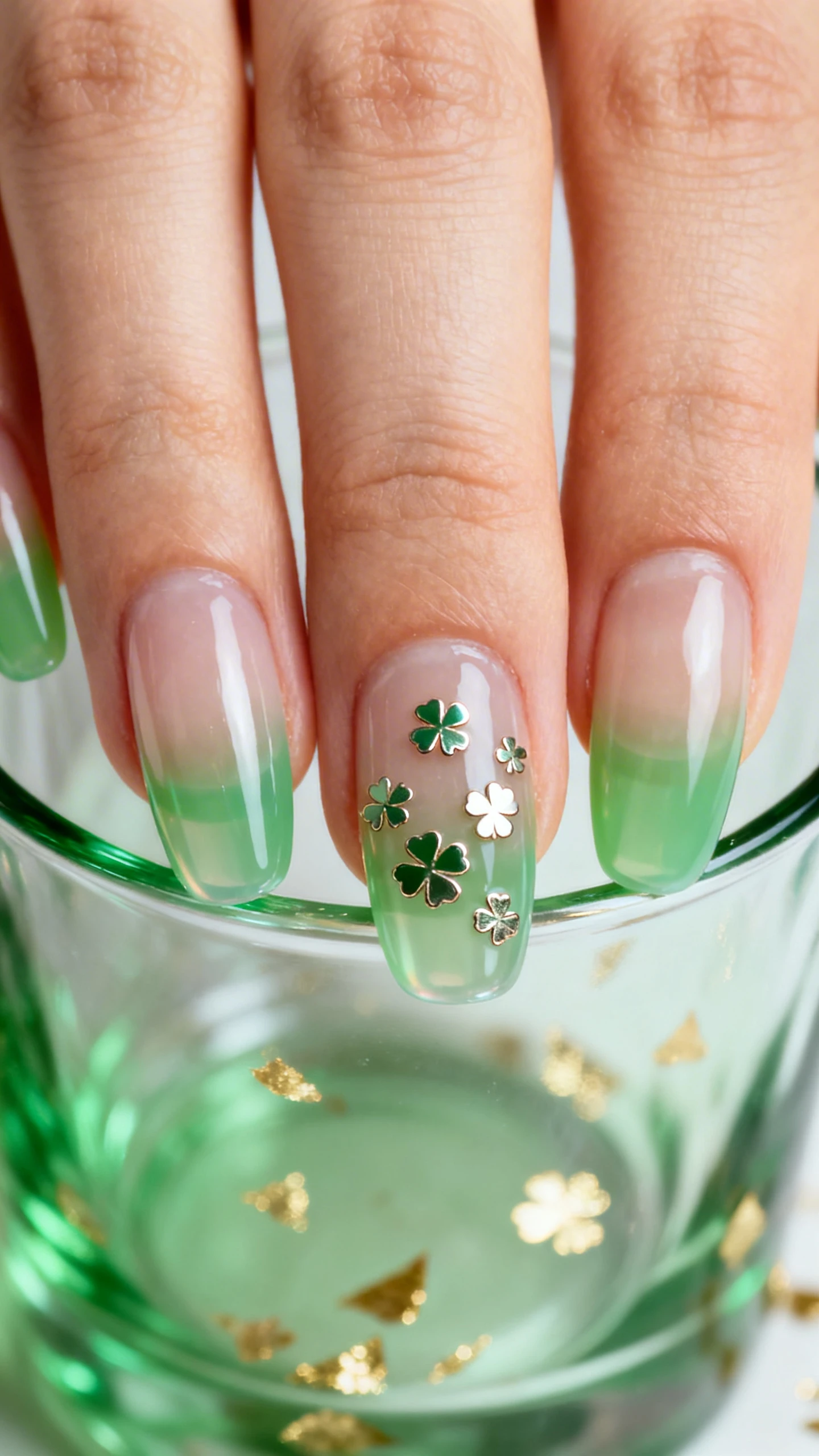 A detailed macro photo of one hand with medium almond nails in a transparent base topped with two thin coats of sheer jelly green, natural nail tone softly visible; scattered metallic clover decals in two sizes (small and mini) placed off-center and slightly clustered toward mid-to-tip, leaving negative space; glossy, glassy finish; high-resolution, sharp focus; background: translucent green glass and flecks of gold leaf softly blurred for festive sparkle; modern, clean aesthetic; no faces, only the hand.