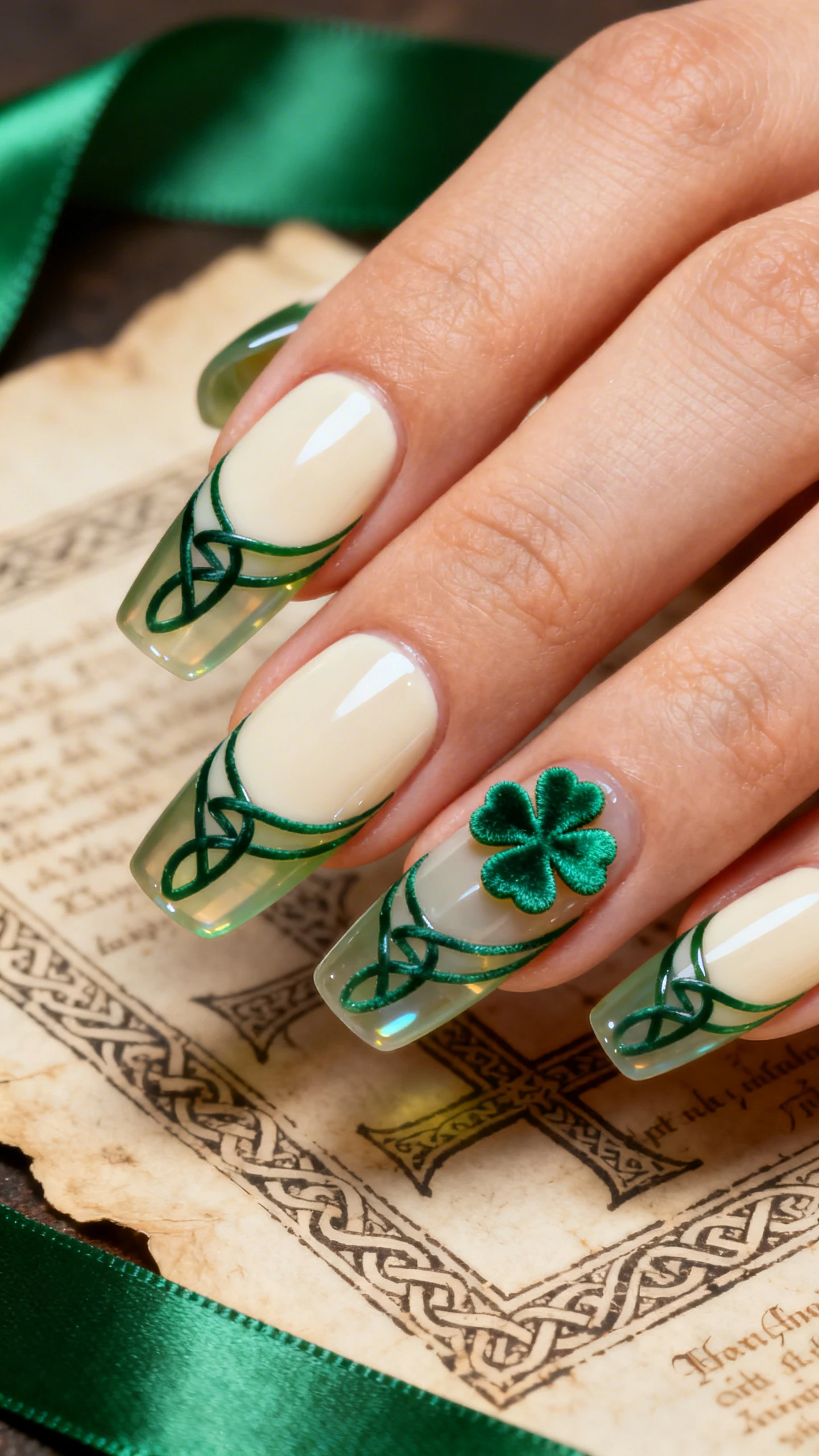 A detailed macro photograph of one hand with medium coffin nails, milky cream base; French-style tips filled with transparent jade jelly; over the jade tips, ultra-fine Celtic knot lines in deep forest green—interlaced loops tracing the smile line and tapering toward sidewalls; two accent nails (index and ring) featuring velvet-textured emerald shamrocks centered above the smile line for tactile contrast; pristine edges, subtle shine; background of aged Celtic parchment and a green silk ribbon; modern editorial lighting; no faces, only the hand and nails.