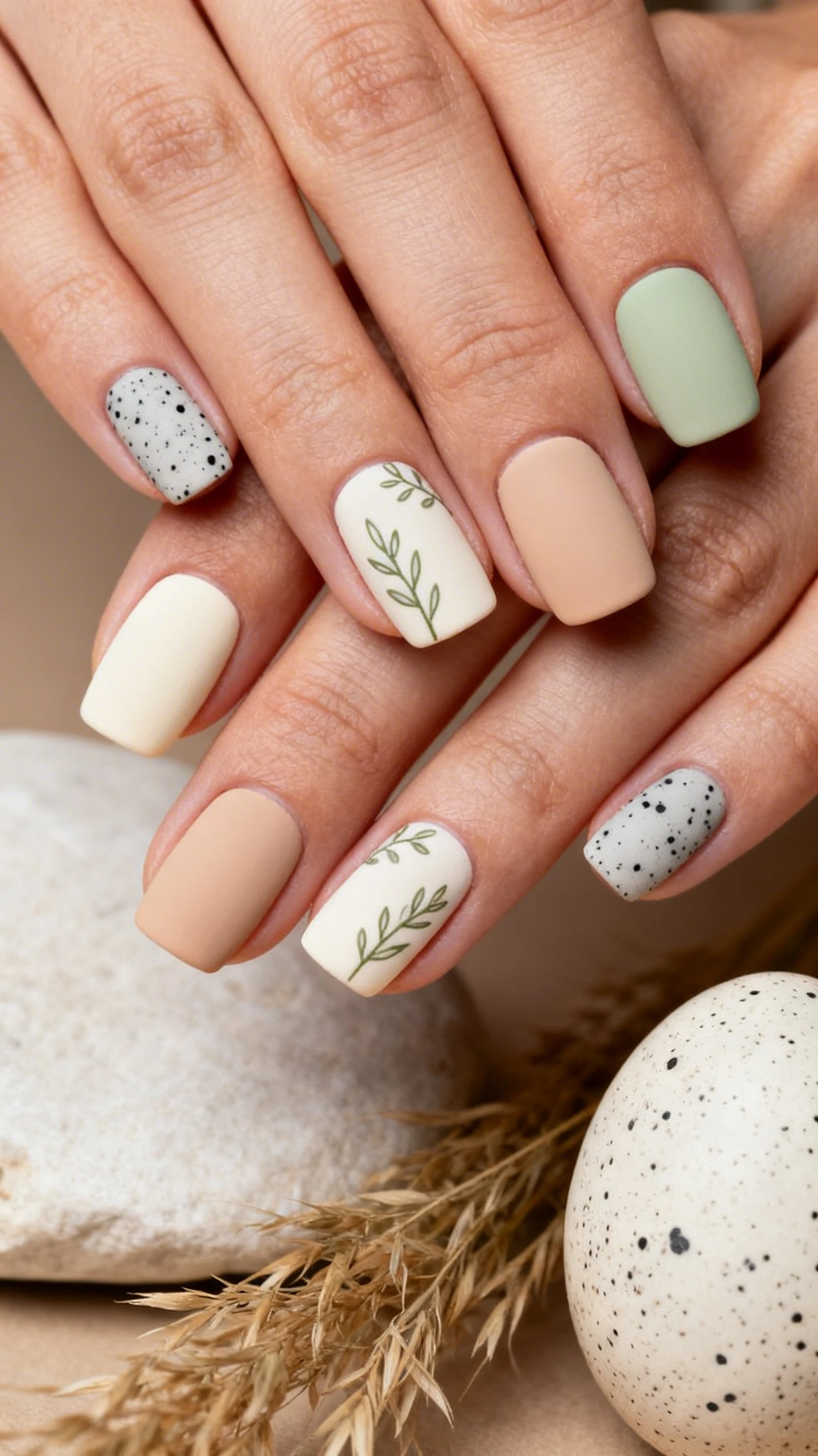 A detailed macro photograph of one hand with short to medium rounded square press-ons in a soft matte finish. Base tones alternate per nail between light cream, soft sand, and pale sage. Three nails per hand display fine black and charcoal-gray eggshell speckles from cuticle to tip; two accent nails feature delicate botanical line art in muted olive—tiny leaves and sprigs—placed minimally near the sidewall. Emphasize the powdery matte texture and subtle speckling. Background: natural elements like pale stone, dried grasses, and a speckled ceramic egg, softly blurred. Minimalist, high-end Instagram aesthetic; no faces.