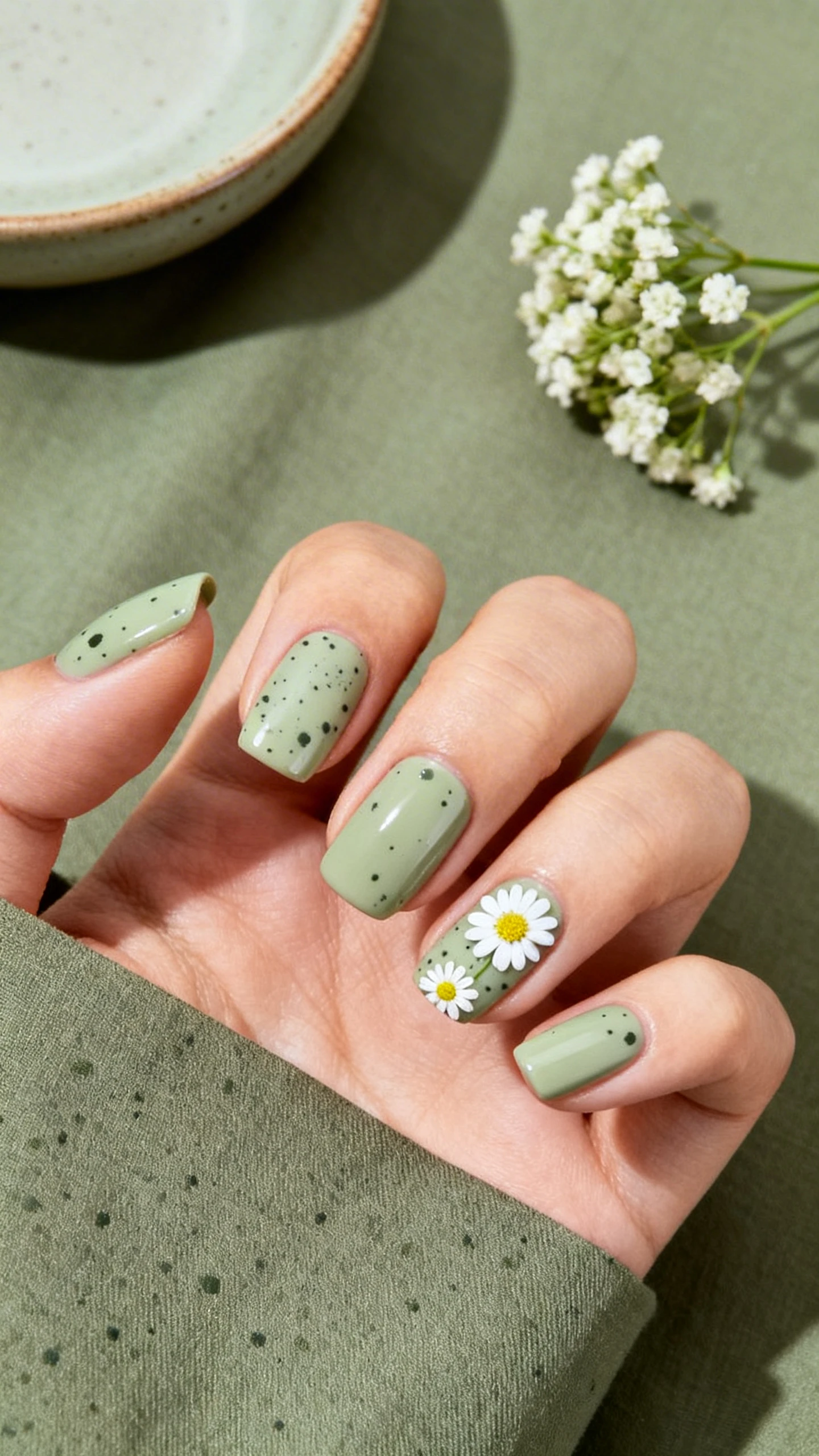 A detailed macro shot of one hand with short-to-medium soft-square or rounded nails, even lengths, painted in an opaque pale sage green (cool, muted). Sparse charcoal or deep olive micro-specks scattered irregularly and lightly across all nails. On 2–3 accent nails only, add tiny white micro-daisy flowers with soft yellow centers, kept minimal and delicate; glossy finish. Background: matte sage fabric with a small ceramic dish and a sprig of baby’s breath. Modern, Instagram-ready composition with sharp focus on speckles and florals; no faces, only the hand and nails.
