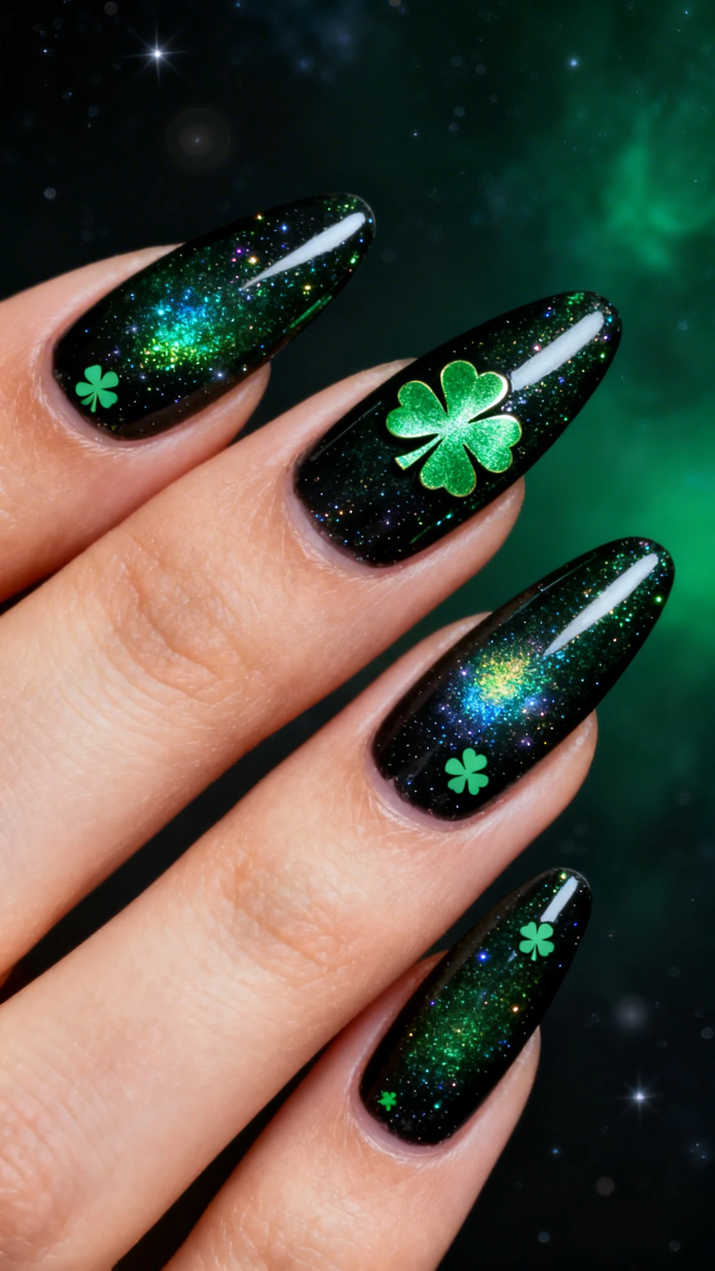 A dramatic macro photograph of one hand with long almond/coffin nails. Base is blackened forest green layered with sheer micro-holographic shimmer, concentrated toward the center for a galaxy depth effect. Place 2–3 shamrock decals total: one larger metallic green shamrock centered on the ring finger, others tiny and sparsely placed on adjacent nails. High-resolution, razor-sharp sparkle detail; moody cosmic background with deep green-black gradients and faint star bokeh. Glossy, editorial aesthetic; no faces, only the hand.