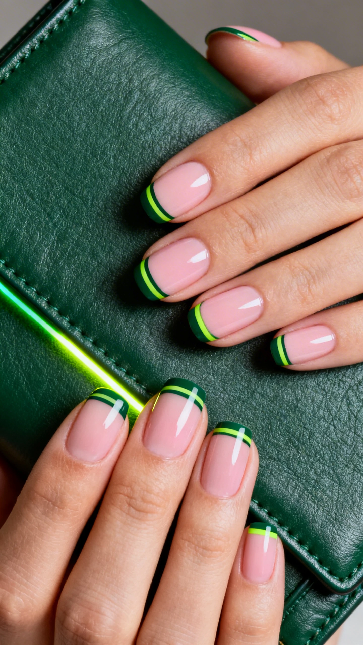 A high-res macro of one hand with short to medium oval/squoval nails featuring Money Moves Micro-French in Neon and Hunter. Sheer pink-beige builder gel base, perfectly buffed. Tips show an ultra-thin double-line French: a deep hunter green line at the free edge and a narrower neon green line stacked just above it. Optional ring finger accent keeps the same double lines but slightly thicker for emphasis. Glossy, pristine finish. Background: crisp cashmere-knit or luxe wallet leather in deep green tones, subtle neon accent light for contrast. Instagram-ready, sharp focus on nails only.