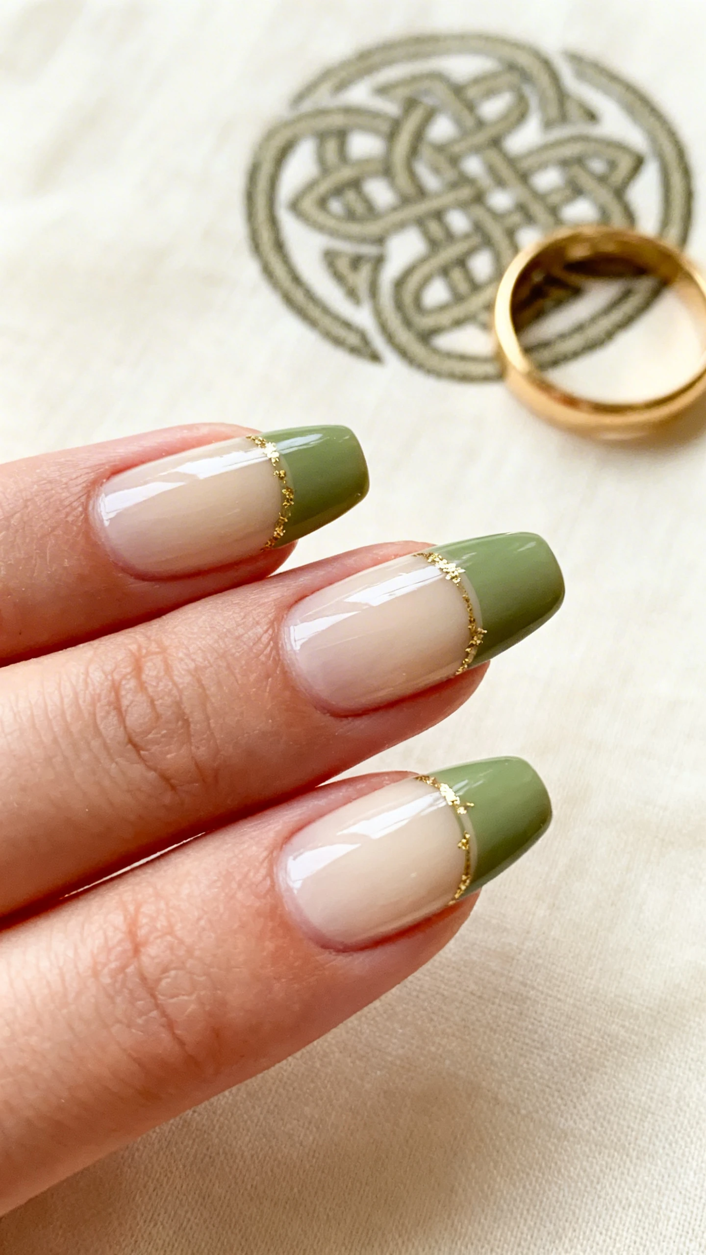 A high-res macro photo of one hand with short almond nails on a glossy sheer cream builder base, ultra-thin 1–2 mm French tips in soft moss green for a minimalist edge, micro gold flake polish dusted subtly along the smile line for a chic Celtic nod; crisp focus on the nails only, no faces; background of creamy linen with a muted Celtic knot pattern and a gold ring prop for understated elegance, clean editorial lighting.