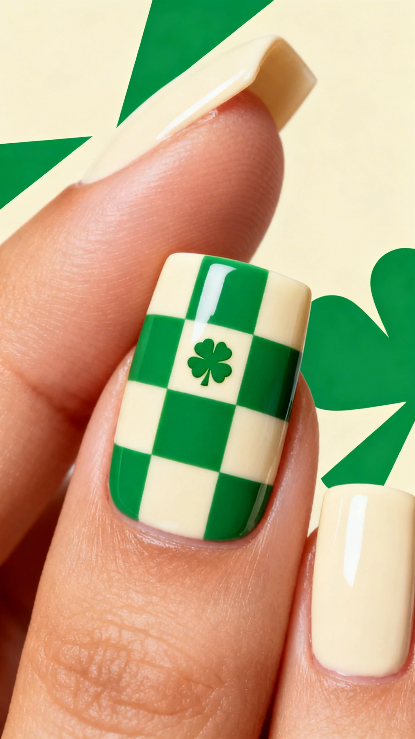 A high-resolution macro image of one hand with medium square nails, glossy finish, soft cream base. Middle nail: a perfect 4x4 checkerboard filling the entire nail, alternating soft cream and classic Kelly green squares. A small matte green shamrock decal sits at the center of the checkerboard. Precision lines and sharp edges in focus; minimal studio backdrop with cream-and-green graphic shapes subtly echoing the pattern. Bright, contemporary lighting; no faces, only the nails.