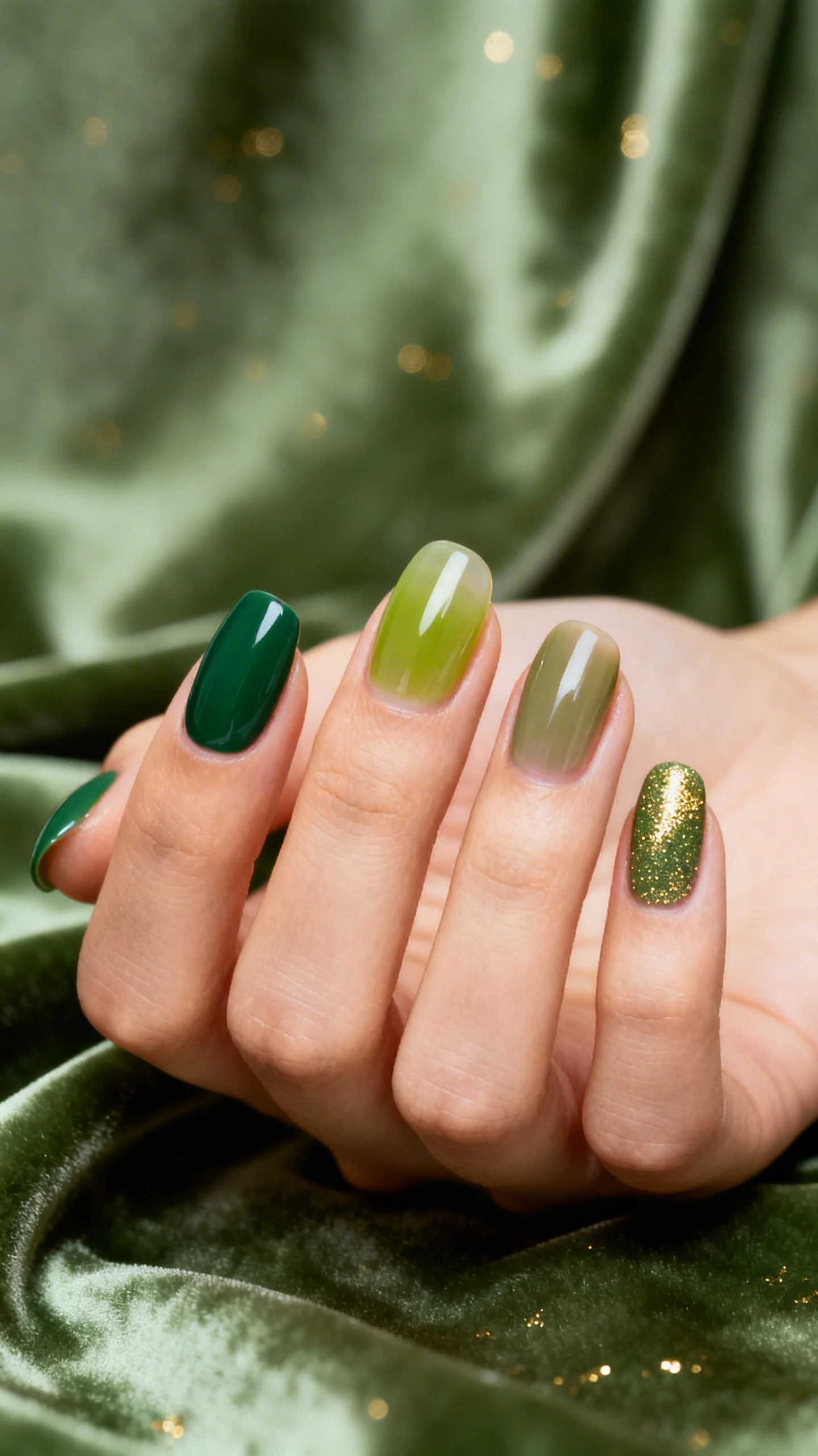 A high-resolution macro of one hand with short to medium round/almond nails in Shamrock Skittles: Tonal Mix with Glaze. Five tonal greens, one per finger: thumb deep pine green cream; index kelly green cream; middle lime jelly slightly sheer; ring muted olive cream; pinky moss shimmer with ultra-fine gold micro-shimmer. All nails topped with one thin coat of sheer milky glaze for a cohesive, dewy sheen. Background: soft shamrock velvet or satin drape with gentle studio light and subtle gold flecks. Modern, Instagram-worthy, sharp focus on nails only.