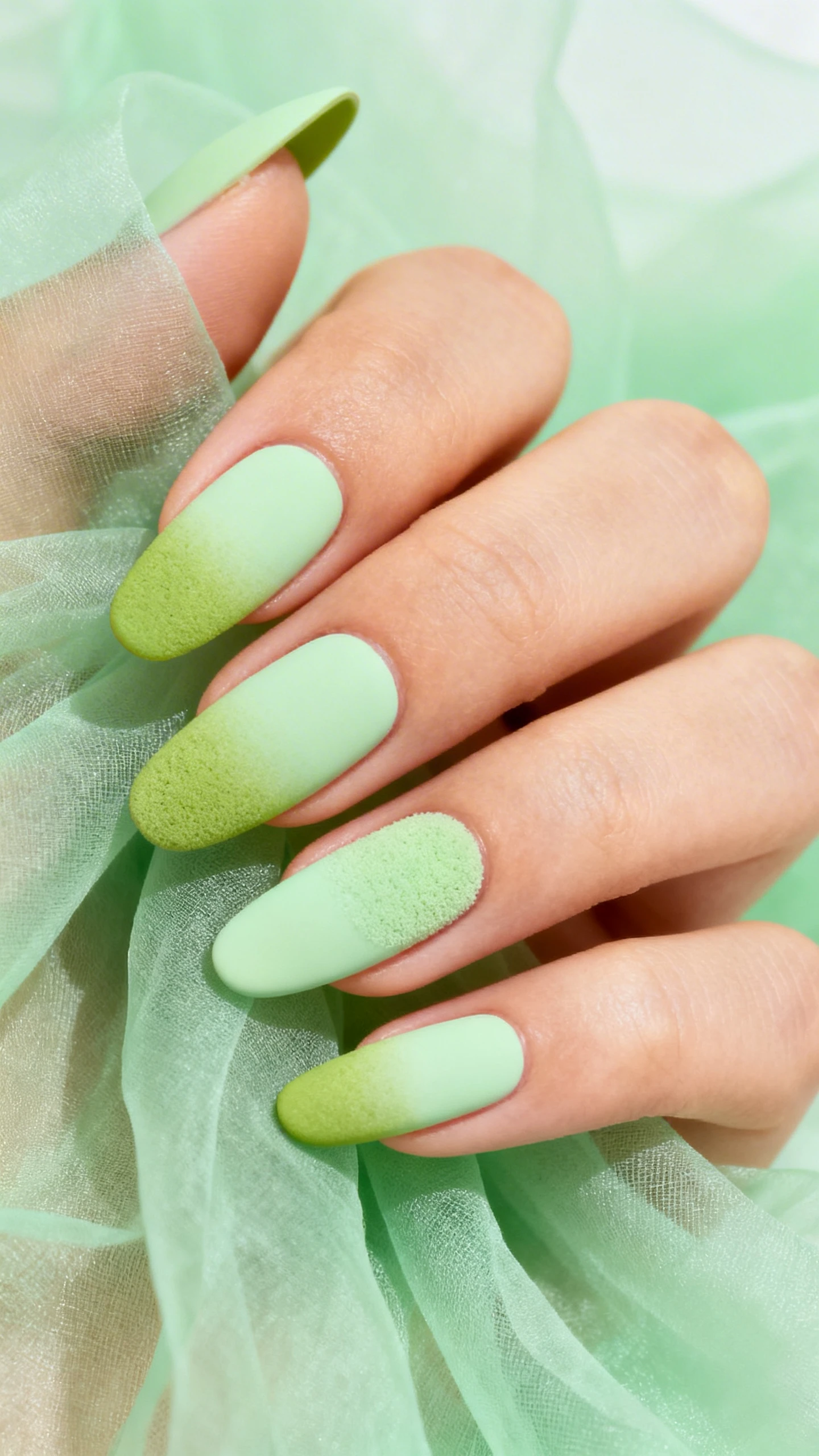 A high-resolution macro photo of one hand with medium almond or oval nails, featuring a soft mint green base layer. Create a gentle sponge ombré gradient that blends pistachio green at the cuticle into pale mint toward the tip, perfectly even and seamless on each nail. Emphasize the smooth matte finish and the elongated effect. Background of airy, pastel-green chiffon or frosted glass to complement the gradient. Clean, modern lighting; no faces, only the hand and nails.