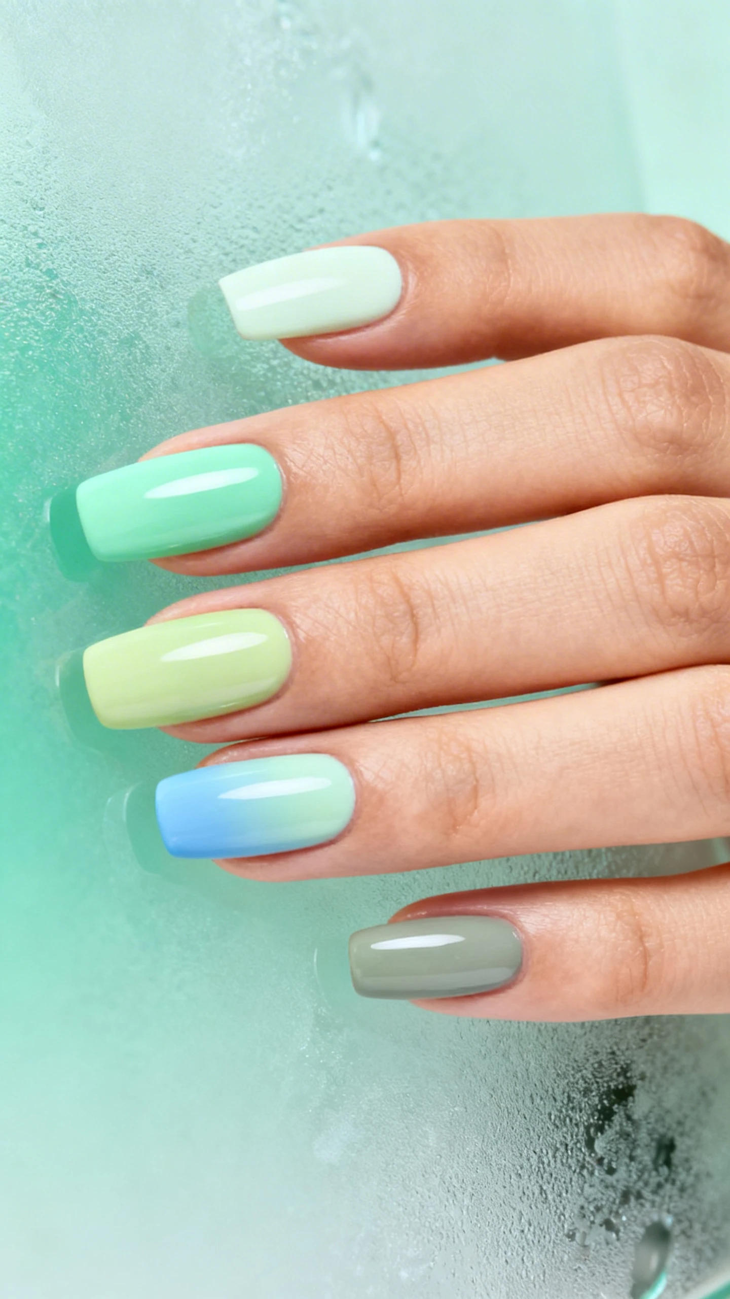 A high-resolution macro photo of one hand with medium-length squoval nails painted Skittles-style in five harmonious mint tones from thumb to pinky: very pale mint (nearly white with green cast), classic cool mint, pastel pistachio, soft seafoam with a hint of blue, and muted eucalyptus mint with a gray undertone. Each nail is a solid, even coat with glossy finish. Background: frosted glass or mint gradient backdrop to complement the palette. Bright, balanced lighting and sharp focus on color transitions across the hand. Modern, Instagram-worthy, no faces—only the hand.