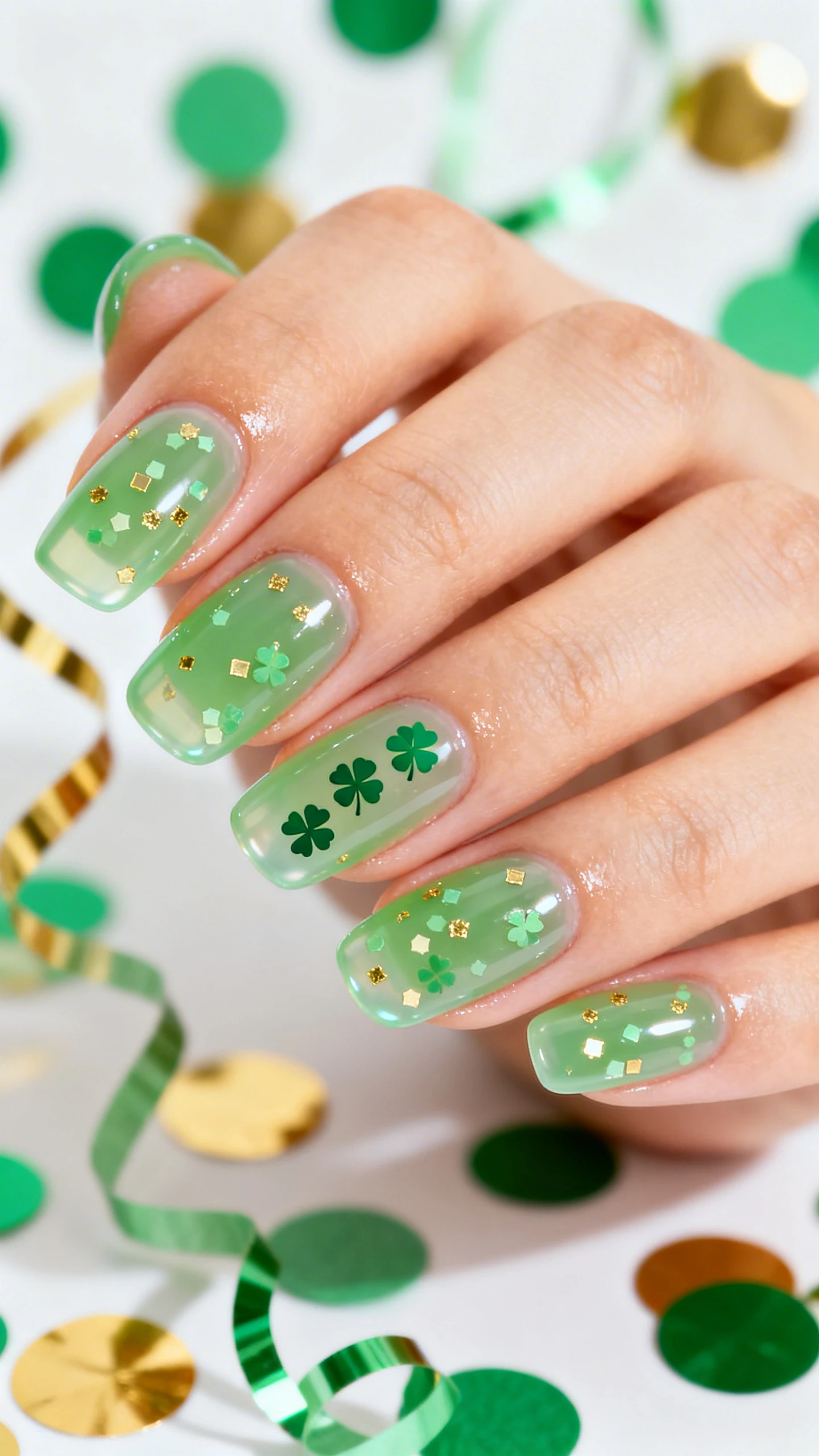 A high-resolution macro photo of one hand with medium squoval nails in translucent green jelly (two thin coats for squishy depth); scattered small hex glitter pieces in gold and light green suspended evenly across all nails; ring finger shows three tiny shamrock decals arranged diagonally from lower left sidewall toward center; soft diffused lighting to enhance jelly translucency and sparkle, cuticles glossy from coconut + argan oil; background is a blurred confetti scene with green and gold paper circles and a hint of party streamer, maintaining St. Patrick’s theme; modern, clean Instagram look, nails sharply in focus, no faces.