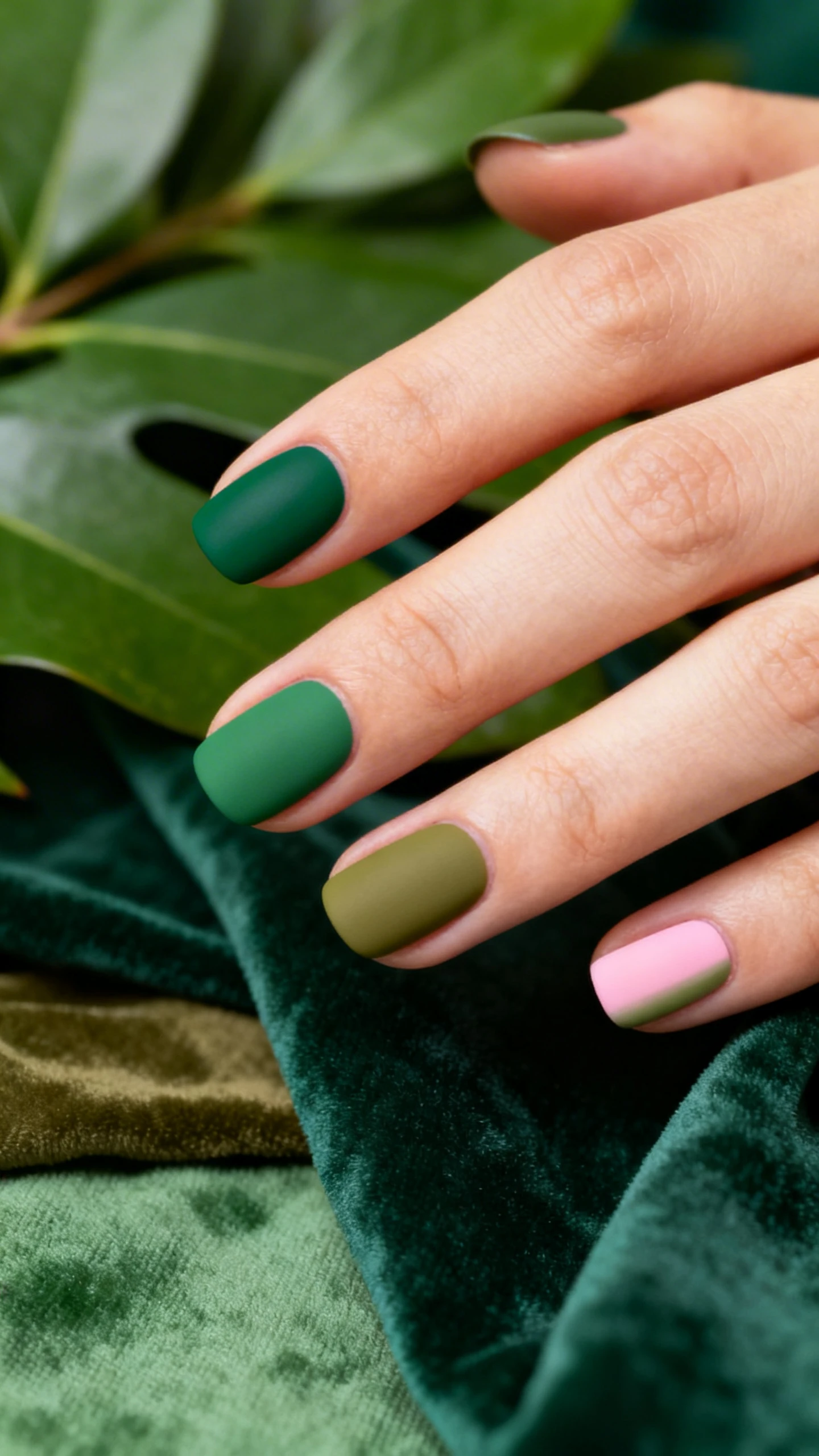 A high-resolution macro photo of one hand with medium round or soft square nails in a matte micro skittle palette: thumb in deep hunter green (cool, saturated), index in evergreen (slightly lighter, cool), middle in classic true green (balanced mid-tone), ring in olive green, and pinky in a lighter muted olive-fern to complete the gradient. Ensure each nail reads distinctly but harmoniously. Background: layered green textiles or botanical leaves ranging from deep hunter to olive for tonal cohesion. Clean, Instagram-worthy lighting; no faces, only the hand and nails.