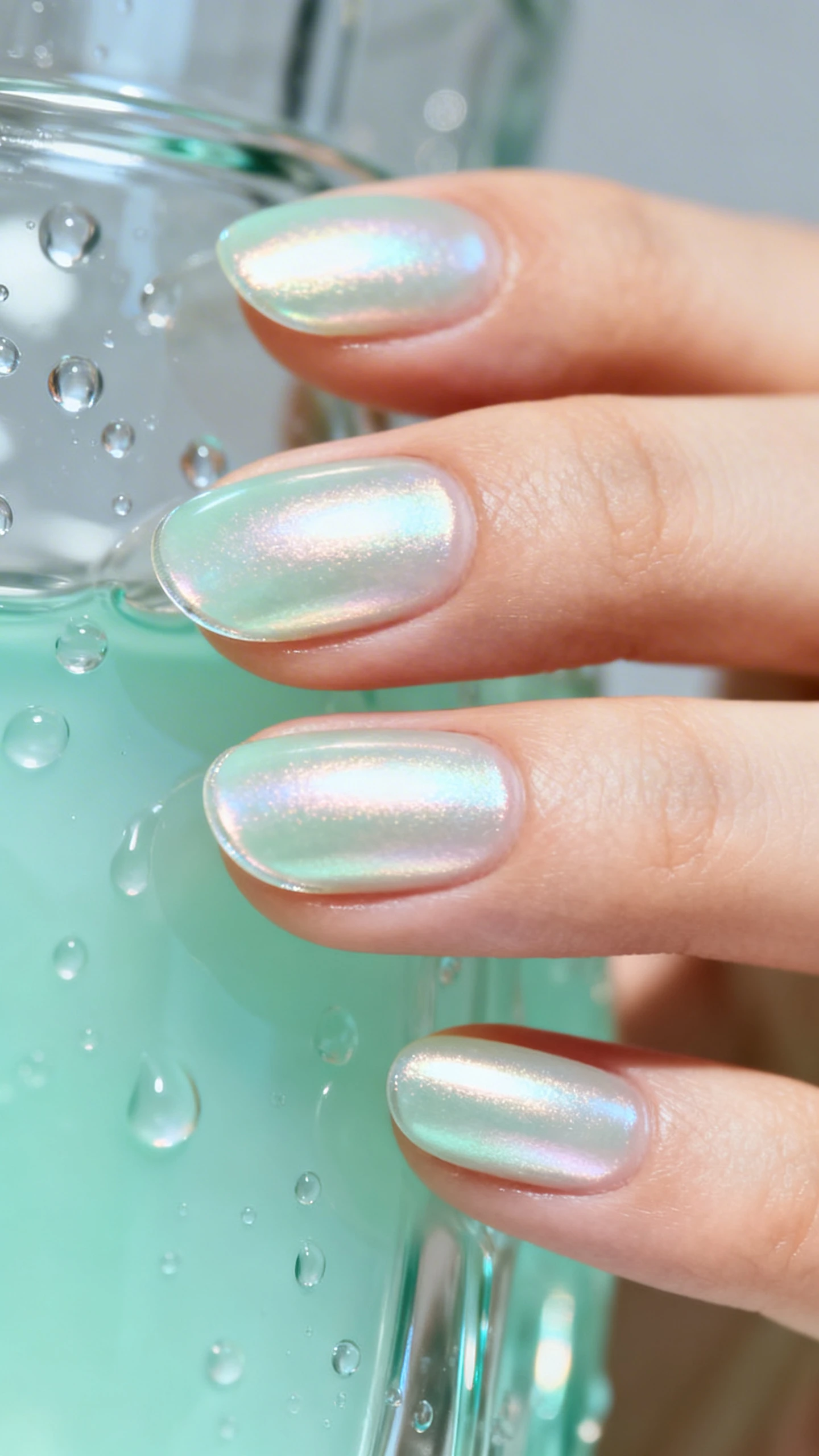 A high-resolution macro photo of one hand with medium oval nails featuring a translucent mint jelly base (1–2 thin coats) and a delicate pearl chrome glaze buffed across the entire nail for a soft, opalescent sheen—no heavy mirror effect. Edges sealed with a water-thin, high-gloss top coat. Background: dewy glass, mint-tinted acrylic, or softly lit water droplets to enhance the “dewy” vibe. Bright yet soft lighting to capture the chrome sheen, with sharp focus on the glossy curvature. Modern, Instagram-worthy, no faces—only the hand.