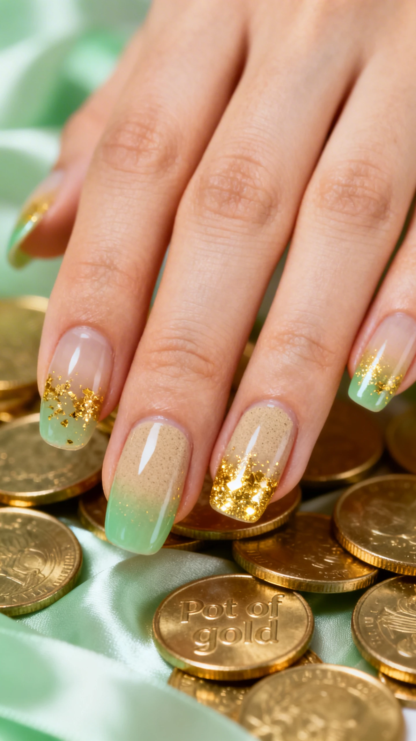 A high-resolution macro photo of one hand with medium almond nails, base is a sheer sand wash for tone-evening, layered with a translucent soft green from cuticle to mid-nail; tips feature a “pot of gold” ombré where concentrated gold flake polish fades from the free edge inward, creating a luminous gradient; nails in sharp focus, no faces; background of gold coins and pale green silk for thematic flair, glossy Instagram-ready lighting with reflective highlights.