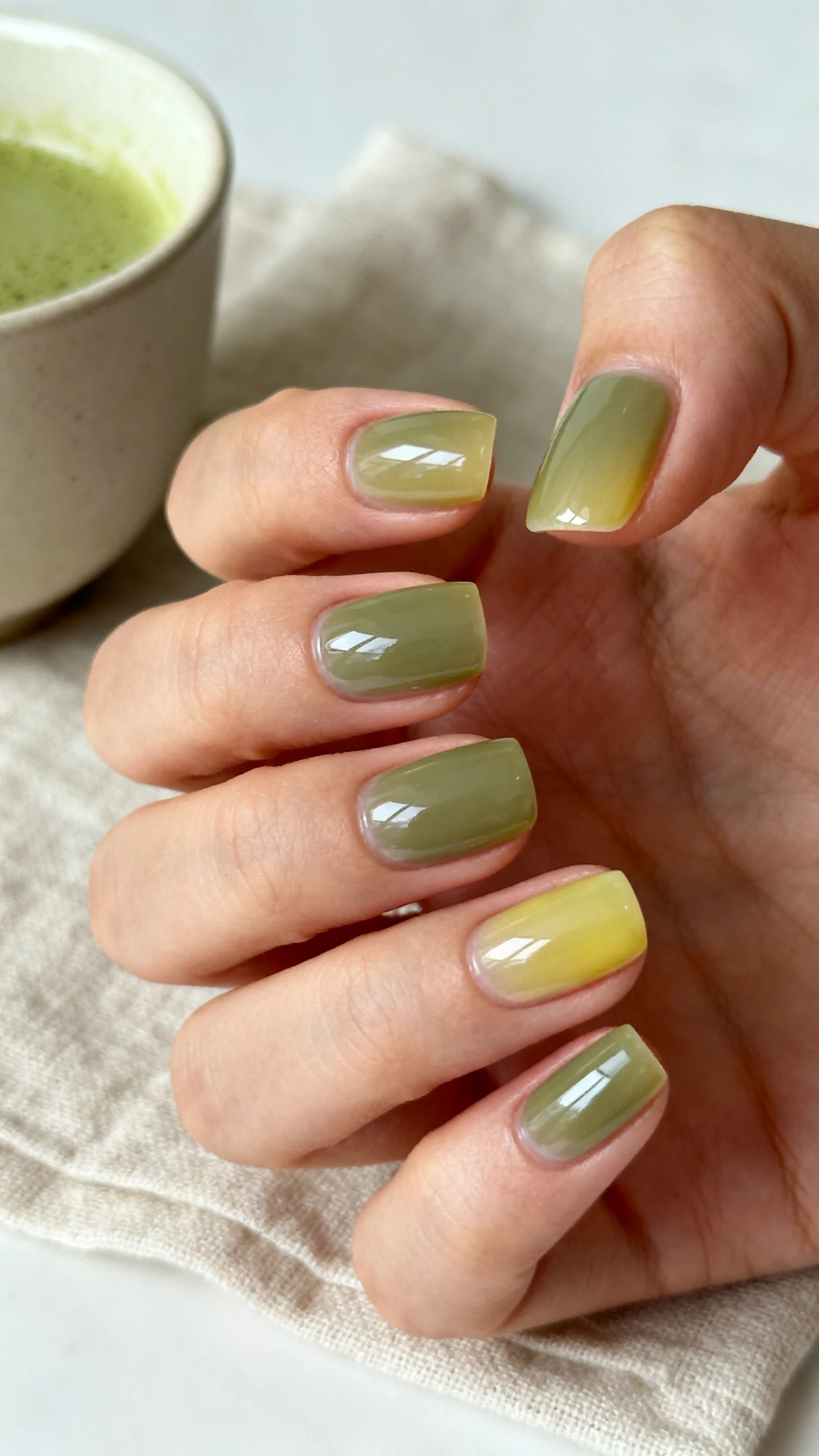 A high-resolution macro photo of one hand with short, softly rounded square nails, all ten uniform, featuring a sheer olive jelly wash over a clear ridge-filling base—two ultra-thin coats of diluted sage/olive with gentle yellow undertones—finished with a glossy, gel-like top coat; no accents. Background: softly blurred linen napkin and a pale ceramic matcha cup for subtle green ambiance. Lighting: diffused daylight for true color and high clarity, modern Instagram style, sharp focus on nail surface and cuticles, no faces.
