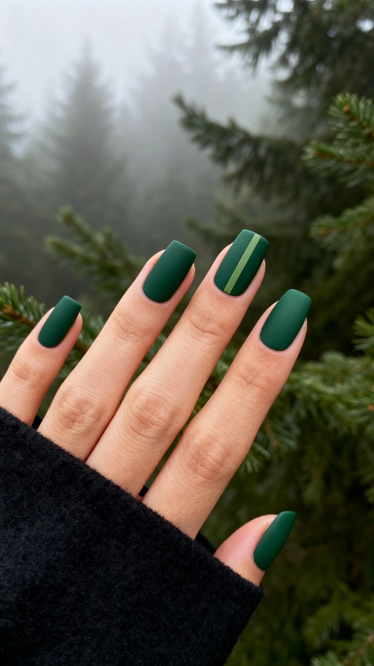 A high-resolution macro photo of one hand with short to medium nails in almond or soft square shape, all painted in matte deep pine green (cool-toned forest). On the ring finger only, add a single thin vertical micro-stripe placed just off-center in matte sage. Sharp focus on nail texture and the crisp micro-stripe; soft bokeh background of misty evergreen foliage or a dark forest textile to echo the pine tone. Modern, Instagram-worthy lighting with gentle side highlights; no faces, only the hand and nails.