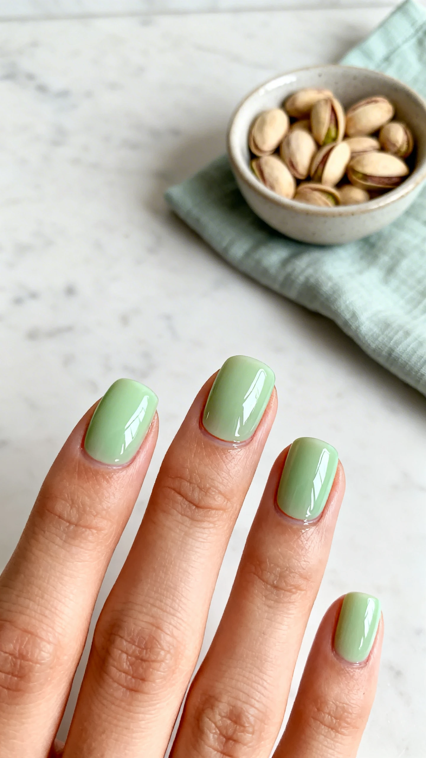 A high-resolution macro photo of one hand with short-to-medium rounded or soft-square nails and smooth, hydrated cuticles, featuring 1–2 coats of a sheer pistachio green jelly (cool-leaning pastel mint-pistachio) that leaves a subtle visible nail line; finished with a high-gloss, syrupy topcoat that reflects light. Background: softly blurred pale marble countertop with a small ceramic bowl of pistachios and a linen napkin in cool tones. Modern, Instagram-worthy lighting with crisp focus on nail surface and gloss; no faces, only the hand and nails.