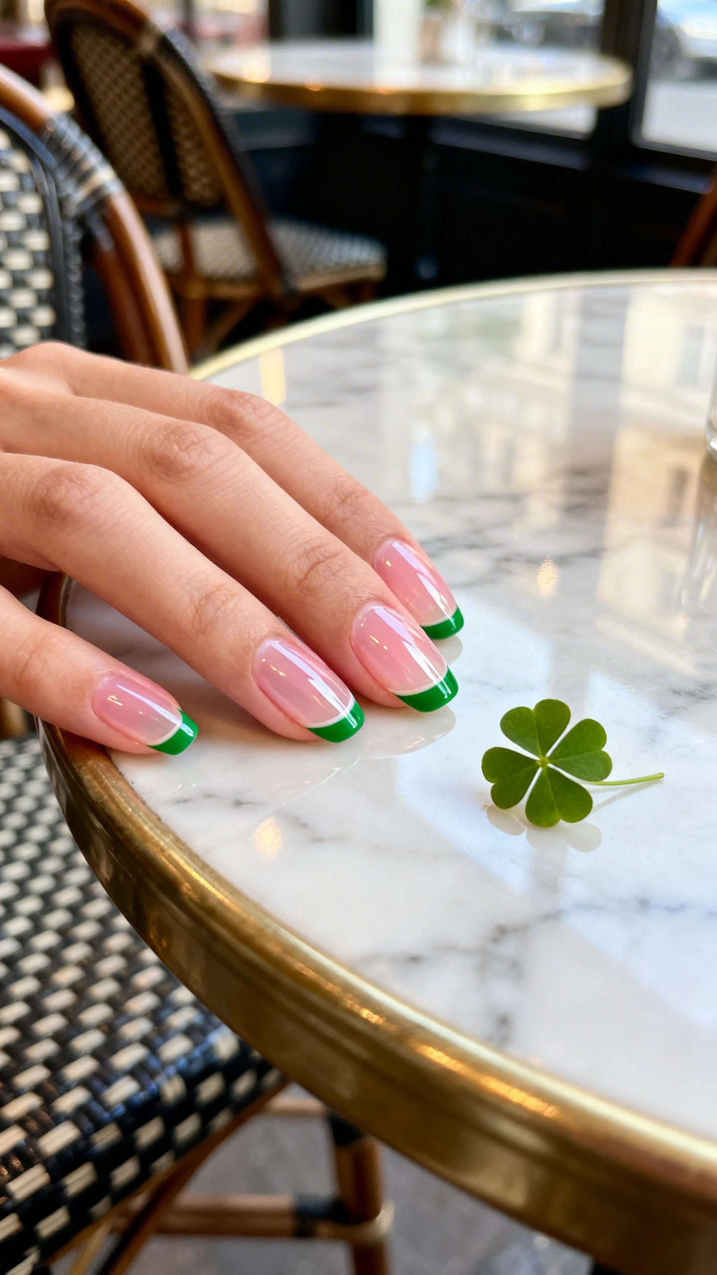 A high-resolution macro photo of one hand with short-to-medium oval nails, sheer translucent pink jelly base, ultra-thin emerald green French tips exactly 1–2 mm tracing the free edge in a smooth arc, glassy high-shine top coat, no decals or extra art. The hand rests on a chic Parisian café table with a glossy marble surface and a tiny sprig of clover in the frame for St. Patrick’s nod; soft natural daylight, shallow depth of field, nails in razor-sharp focus, modern Instagram aesthetic, no face visible.