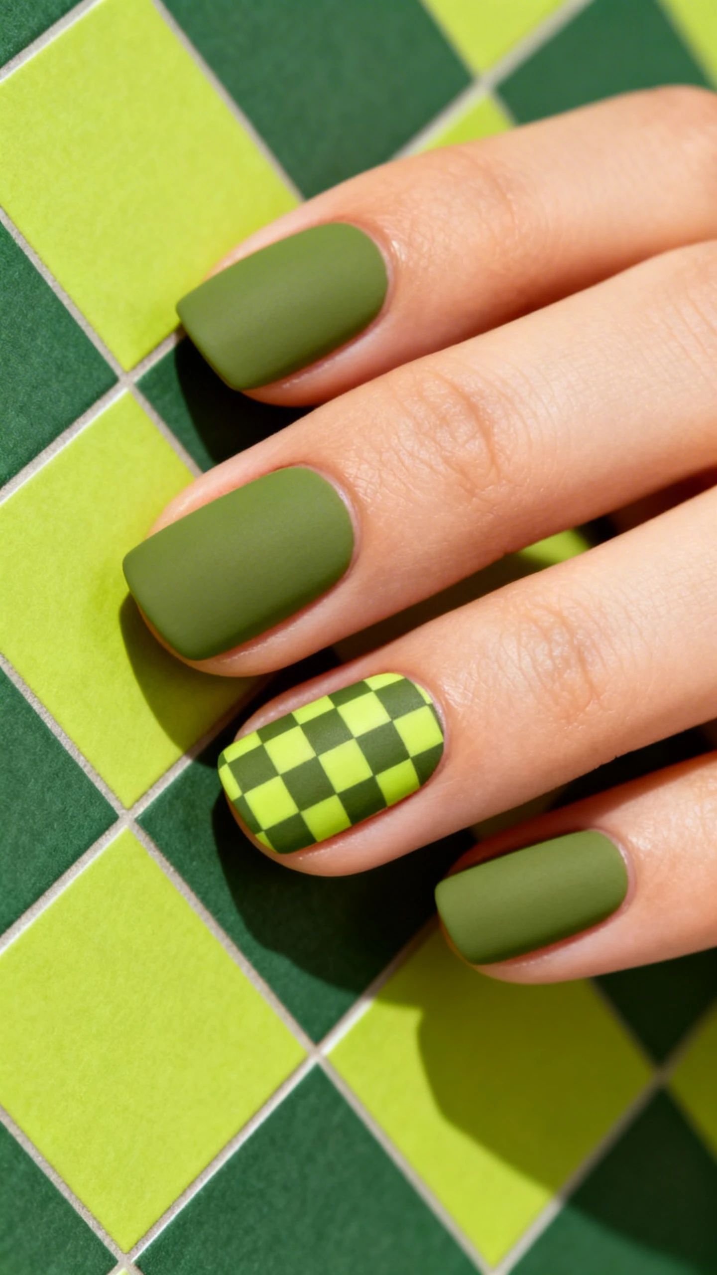 A high-resolution macro photo of one hand with short square or short squoval nails, all coated in matte moss green. On the middle and ring fingers, apply a micro-checkerboard pattern with tiny, uniform matte chartreuse squares alternating with the moss base; keep lines razor-sharp and grid perfectly aligned. Background: graphic, modern elements like a chartreuse-and-olive geometric paper or tiled surface to echo the checks. Crisp, editorial lighting; no faces, only the hand and nails.