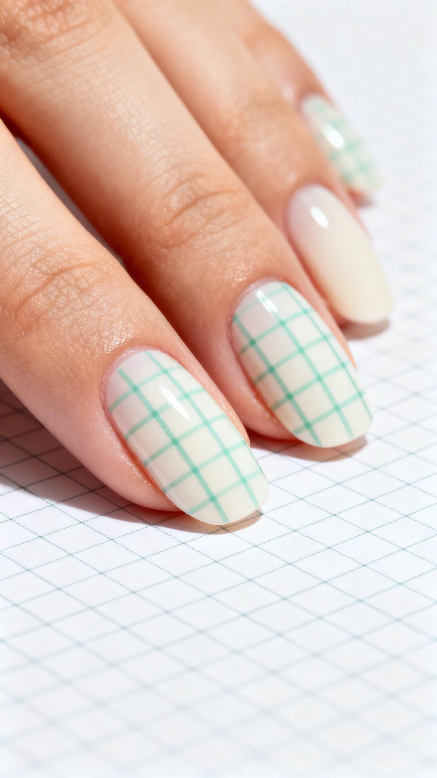 A high-resolution macro photo of one hand with short to medium almond nails over a sheer cream base, topped with an ultra-fine mint green micro-check pattern: razor-thin vertical and horizontal lines forming an even grid across each nail, lines spaced about 3–4 mm apart to create delicate squares. Lines are soft pastel mint, perfectly straight and consistent. Background: subtle woven linen or stationery grid to echo the check motif. Clean studio lighting, tack-sharp focus on linework. Stylish, Instagram-ready, no faces, only the hand.