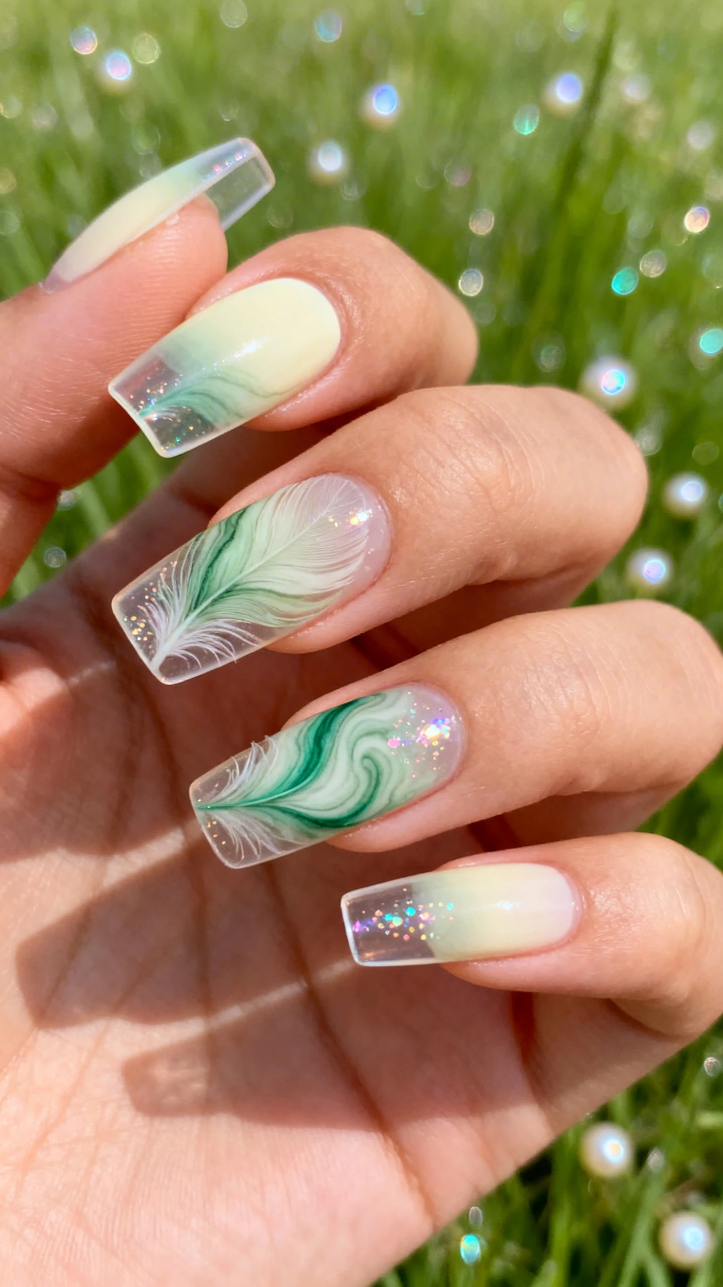 A high-resolution macro photograph of one hand with medium coffin nails featuring a sheer cream-to-clear ombré base that fades transparent at the free edge; soft marble swirls in sage and emerald drifting diagonally with feathery, translucent edges; subtle iridescent sprinkle specks catching light across tips; semi-transparent ends visible; crisp, sharp focus on nails; background: dewy meadow greens with pearly shimmer bokeh to echo the iridescence; contemporary editorial lighting; no faces, only the hand.