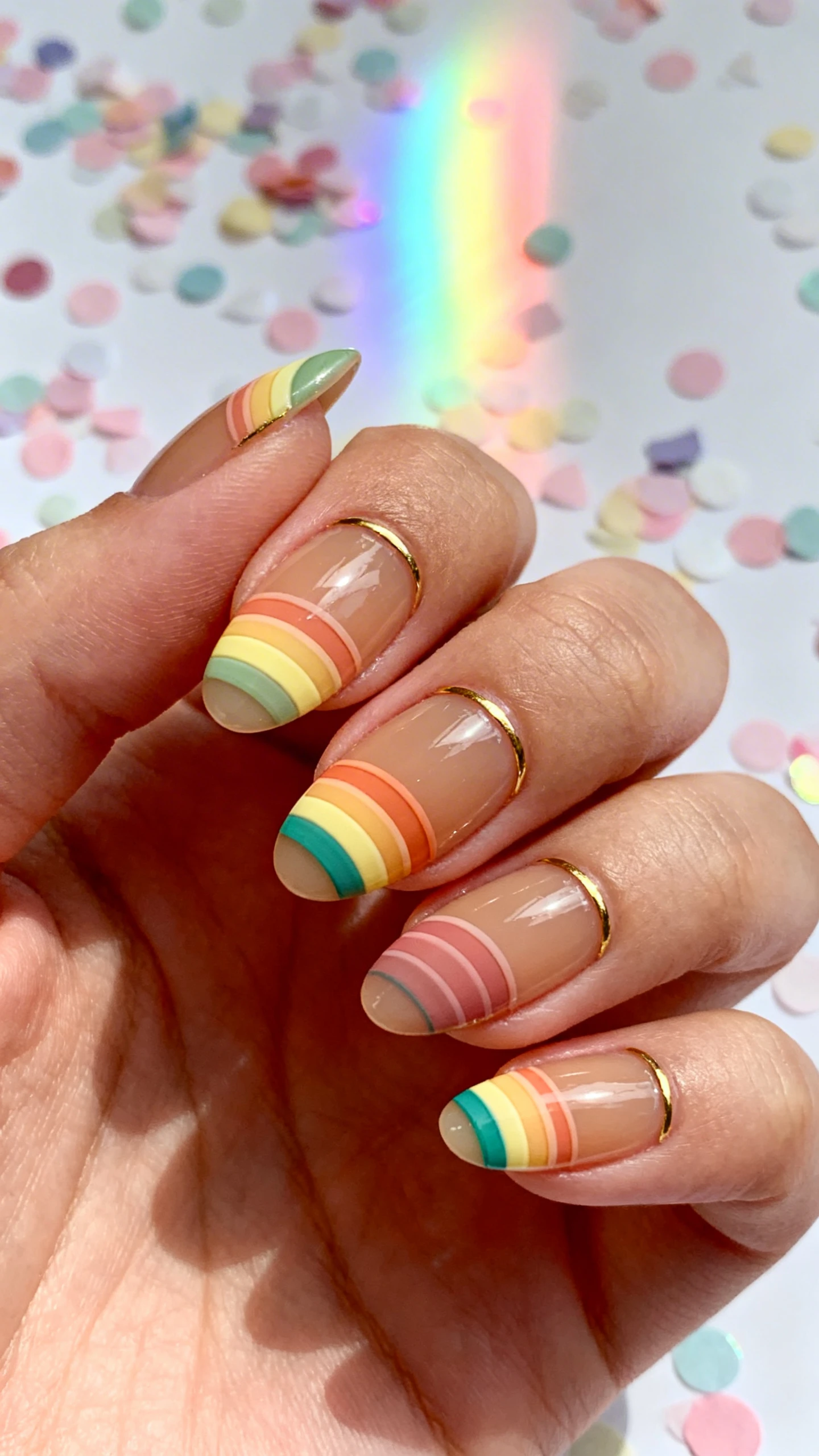 A high-resolution macro shot of one hand with medium almond nails, sheer tan/sand jelly base; along one side edge of each nail, ultra-thin stacked rainbow arcs (1–2 mm each) in exact order: sage green, butter yellow, soft orange, dusty rose, teal—perfect even spacing and curvature; at the cuticle line, a slim metallic gold cuff accent on every nail; crisp, glossy finish; background of pastel confetti and a soft rainbow prism flare for thematic ambiance; studio lighting that enhances color separation; no faces, only the hand and nails.