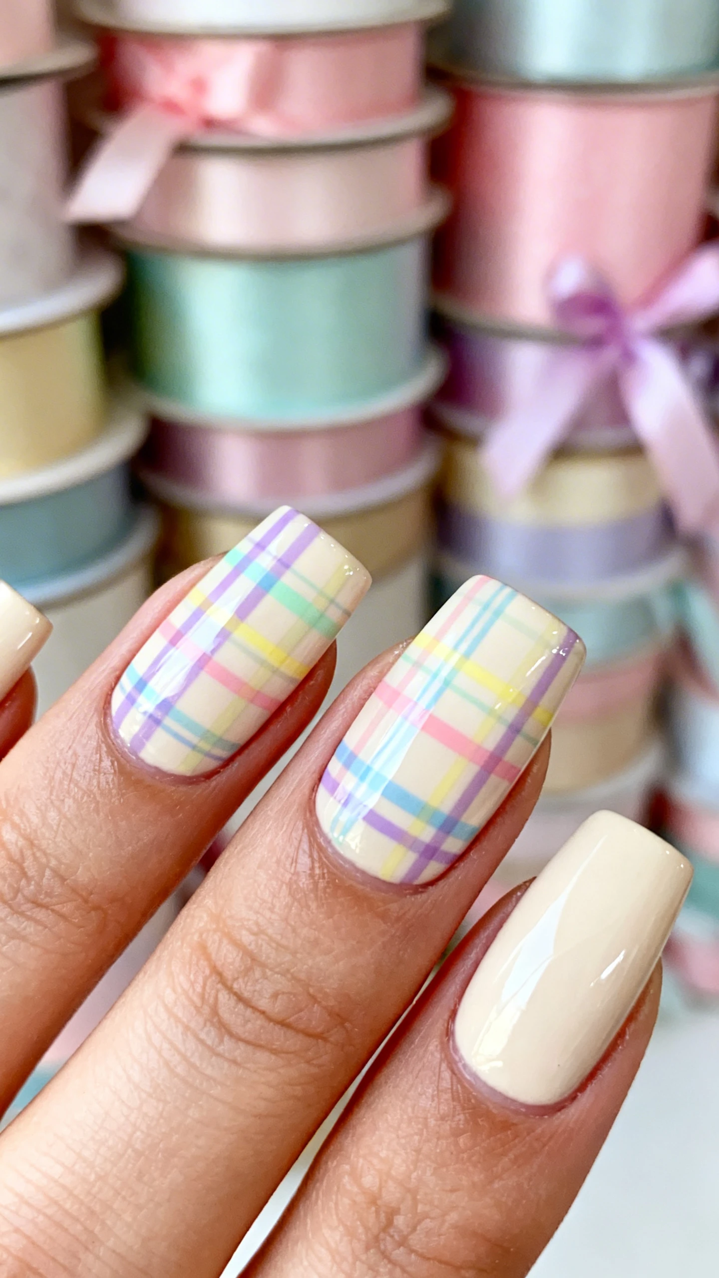 A high-resolution macro shot of one hand with medium-to-long square/soft-square nails; opaque cream or pale sand base; pastel plaid pattern created with fine striping lines in lavender, mint, butter yellow, baby blue, and a soft rose pink, with varying horizontal and vertical widths for layered depth; sealed in a vinyl-like, mirror-gloss finish; tack-sharp focus on line precision and overlap; blurred background of neatly stacked pastel gift wrap rolls and ribbon spools; polished, editorial Instagram aesthetic; no faces, only the hand and nails.