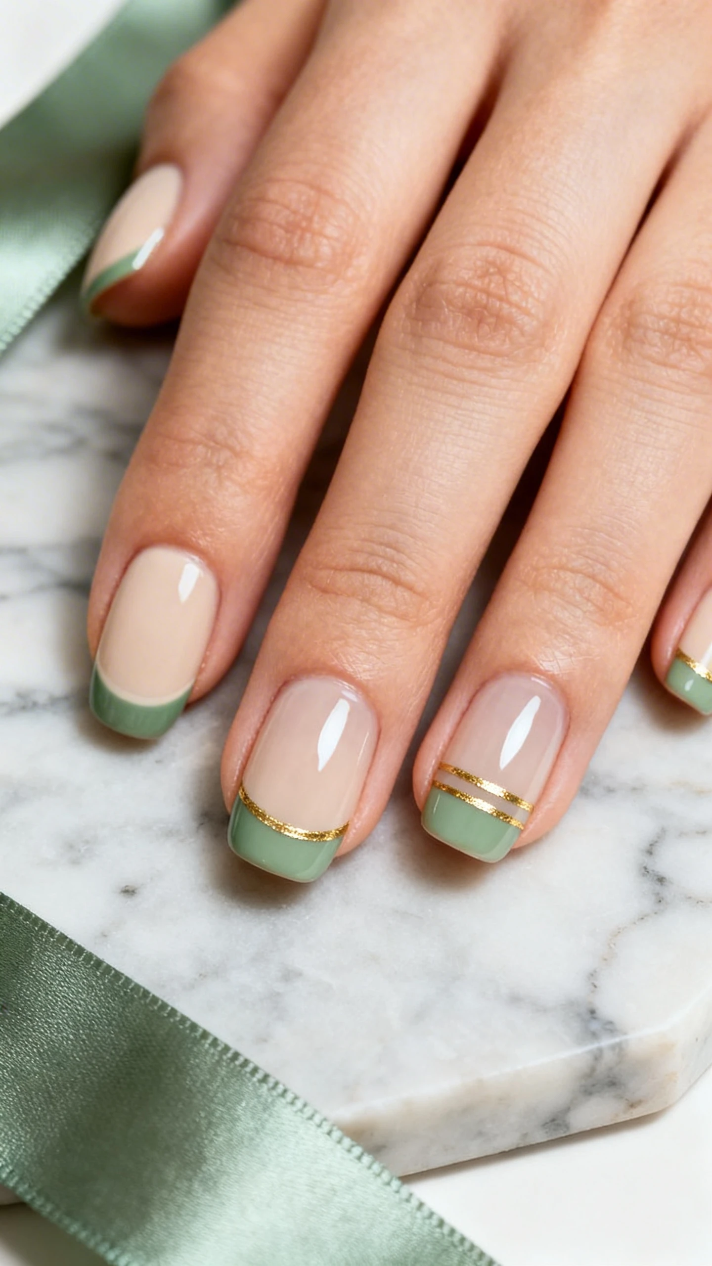 A high-resolution macro shot of one hand with short almond nails in a pale beige base, featuring semi-transparent sage green French tips about 2–3 mm deep; on 2–3 nails, an ultra-thin metallic gold striping sticker runs directly beneath the sage arc; gel-like, glassy topcoat with a smooth, reflective finish; background includes a muted marble slab and a sage silk ribbon for a chic, tonal scene; modern, editorial lighting; no faces, only the nails in crisp focus.