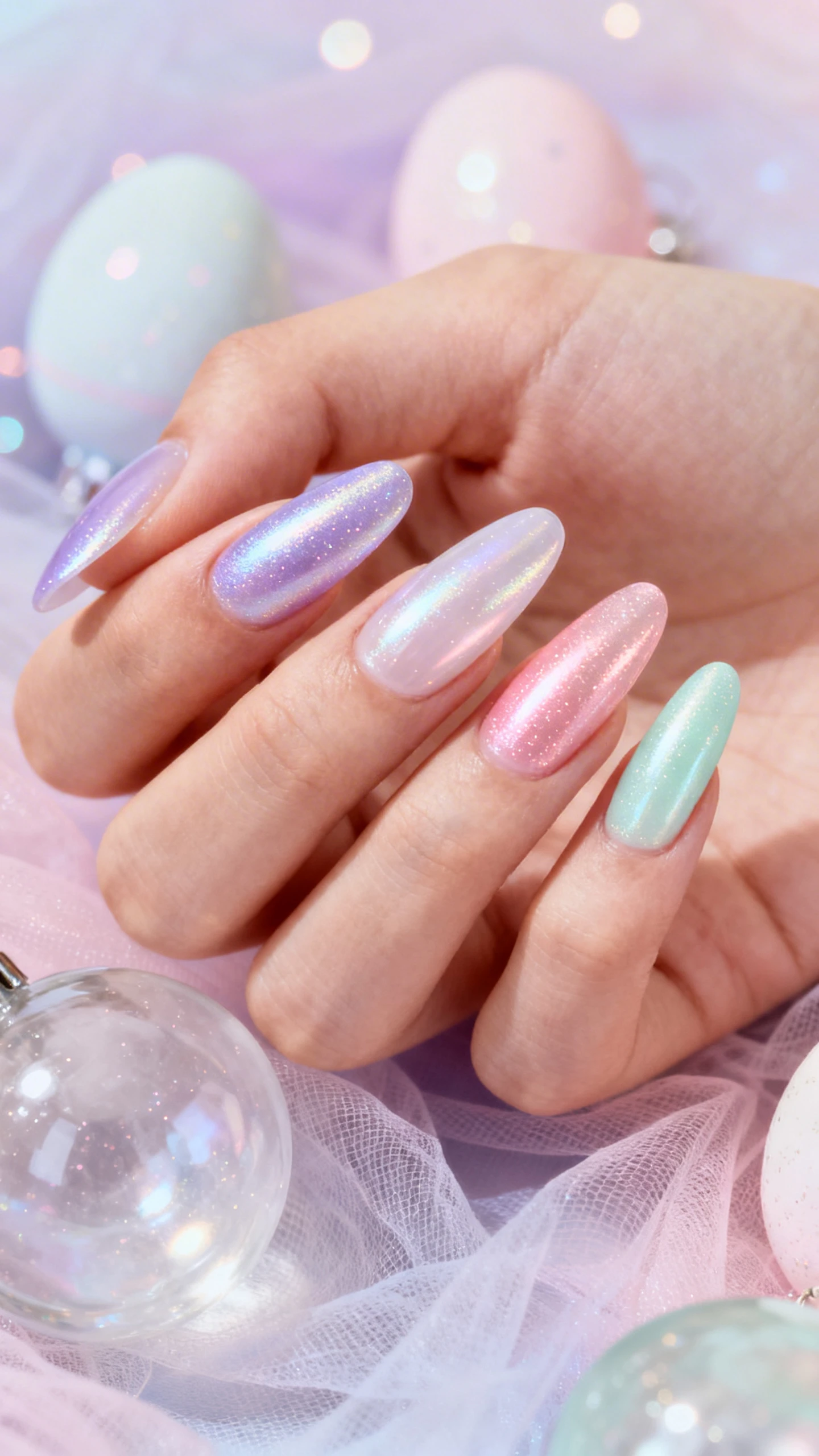 A luminous macro shot of one hand with medium long almond press-ons featuring a semi-sheer milky base under pearlescent pastel chrome. Colors alternate: icy lavender chrome, soft rose chrome, and pale mint chrome with a diffused, non-mirror glow. Each nail has a delicate sugar-glaze finish—micro-sparkle that looks dewy, not gritty. Capture the soft reflections and ethereal sheen in sharp detail. Background: airy pastel tulle and frosted glass Easter ornaments, bokeh highlights for a dreamy feel. Trendy, editorial Instagram lighting; no faces, nails centered.