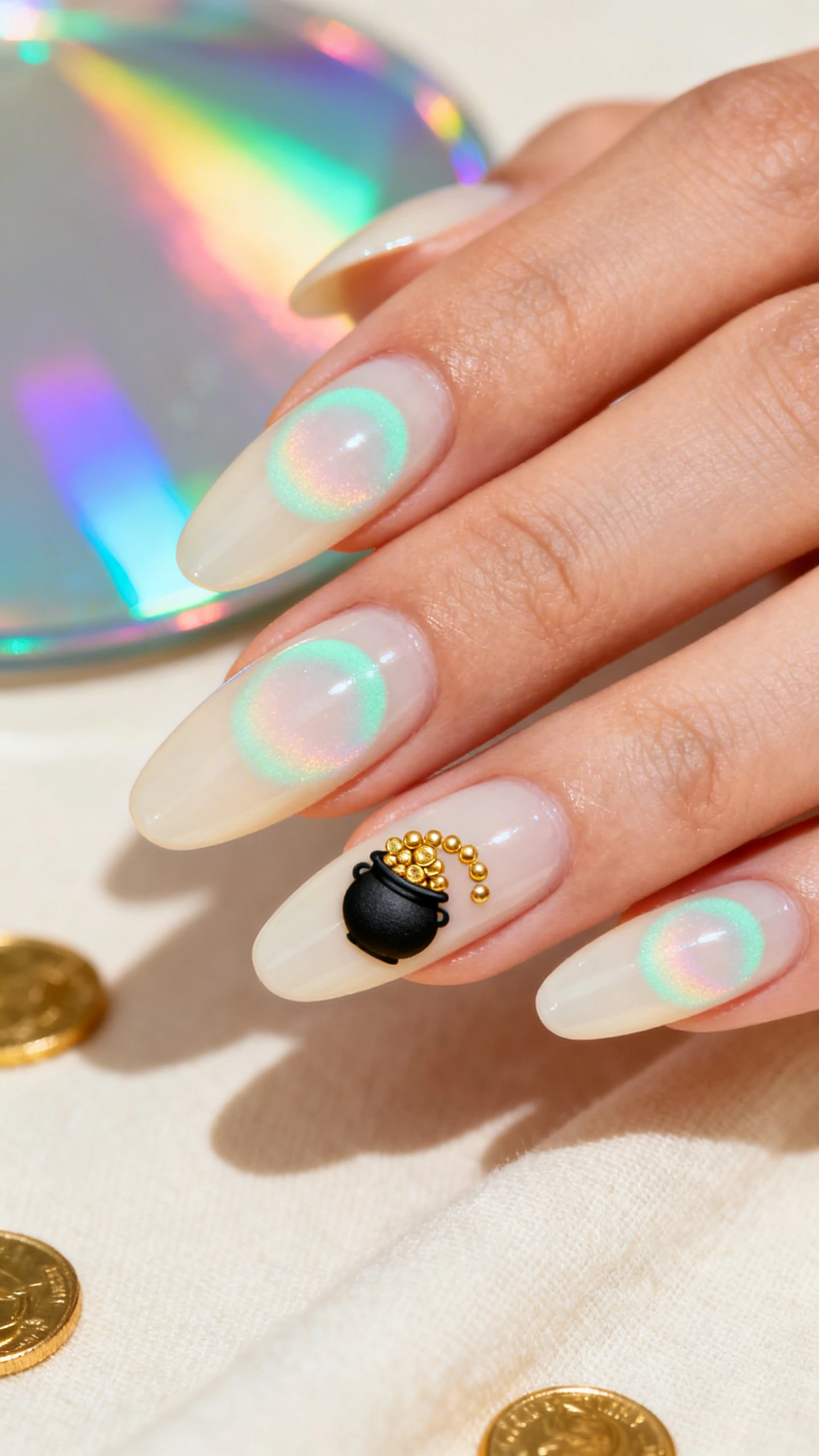 A macro, high-detail photograph of one hand with long almond nails: milky semi-sheer cream base with a soft circular pastel-mint aura centered on each nail, fading before edges; ring finger tip features a small pot-of-gold motif—matte black rounded pot with a clustered arc of tiny gold beads “coins”; gentle halo lighting to accentuate the aura blend and luminous cuticle sheen (rice bran + ceramides); background is a softly blurred rainbow prism on cream fabric with a subtle gold coin scatter for thematic depth; stylish, Instagram-ready framing focused solely on the nails.
