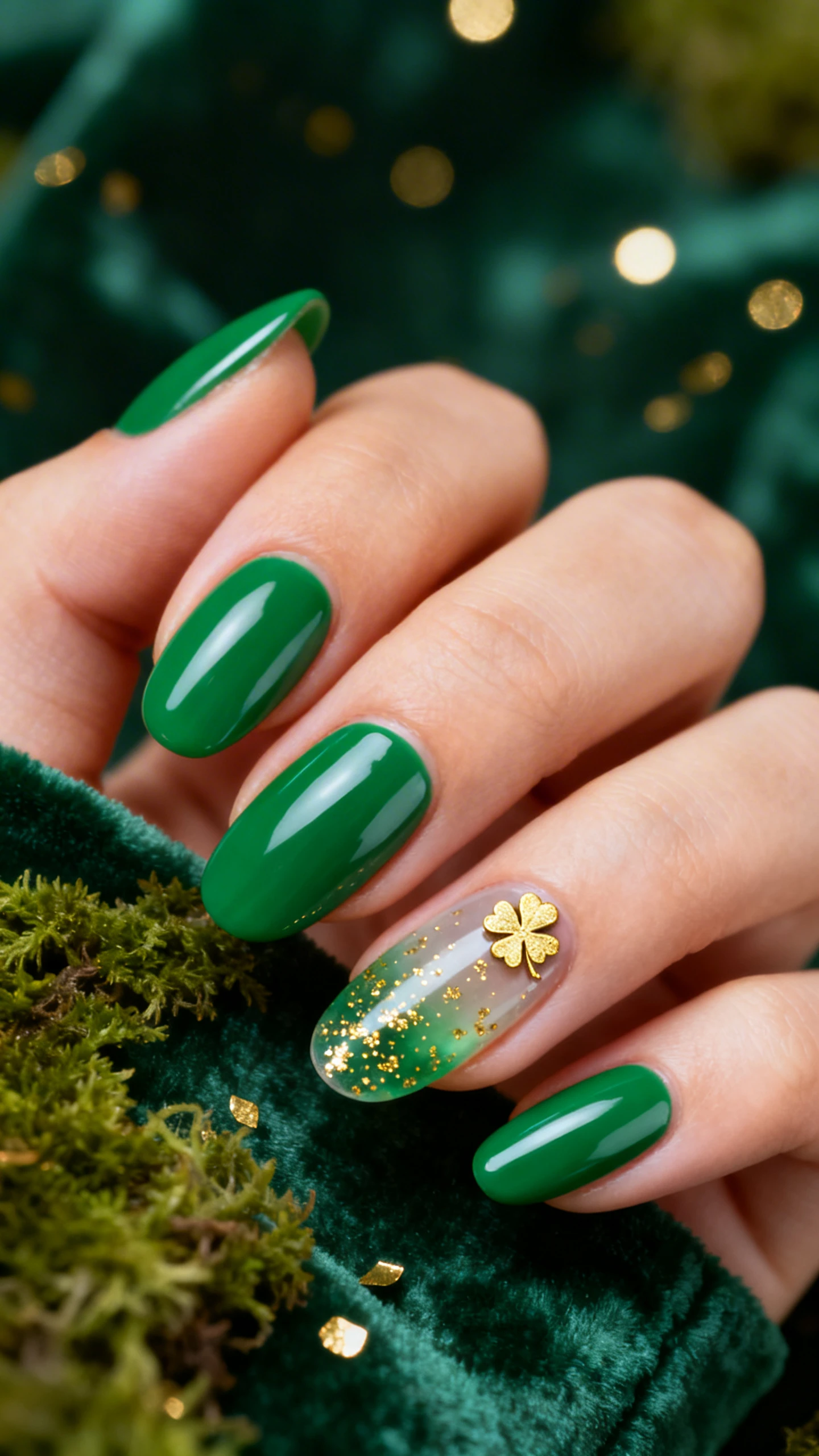 A macro, high-resolution photo of one hand in medium almond nails: three nails in solid glossy emerald gel, two accent nails in a clear-to-emerald gradient with suspended fine gold shimmer particles; a delicate, tiny gold foil shamrock placed near the cuticle on one gradient nail; captured against a soft moss or velvet fabric backdrop with subtle gold confetti bokeh for a festive shimmer, Instagram-style lighting, crisp focus on the nail art, no faces, only the hand.