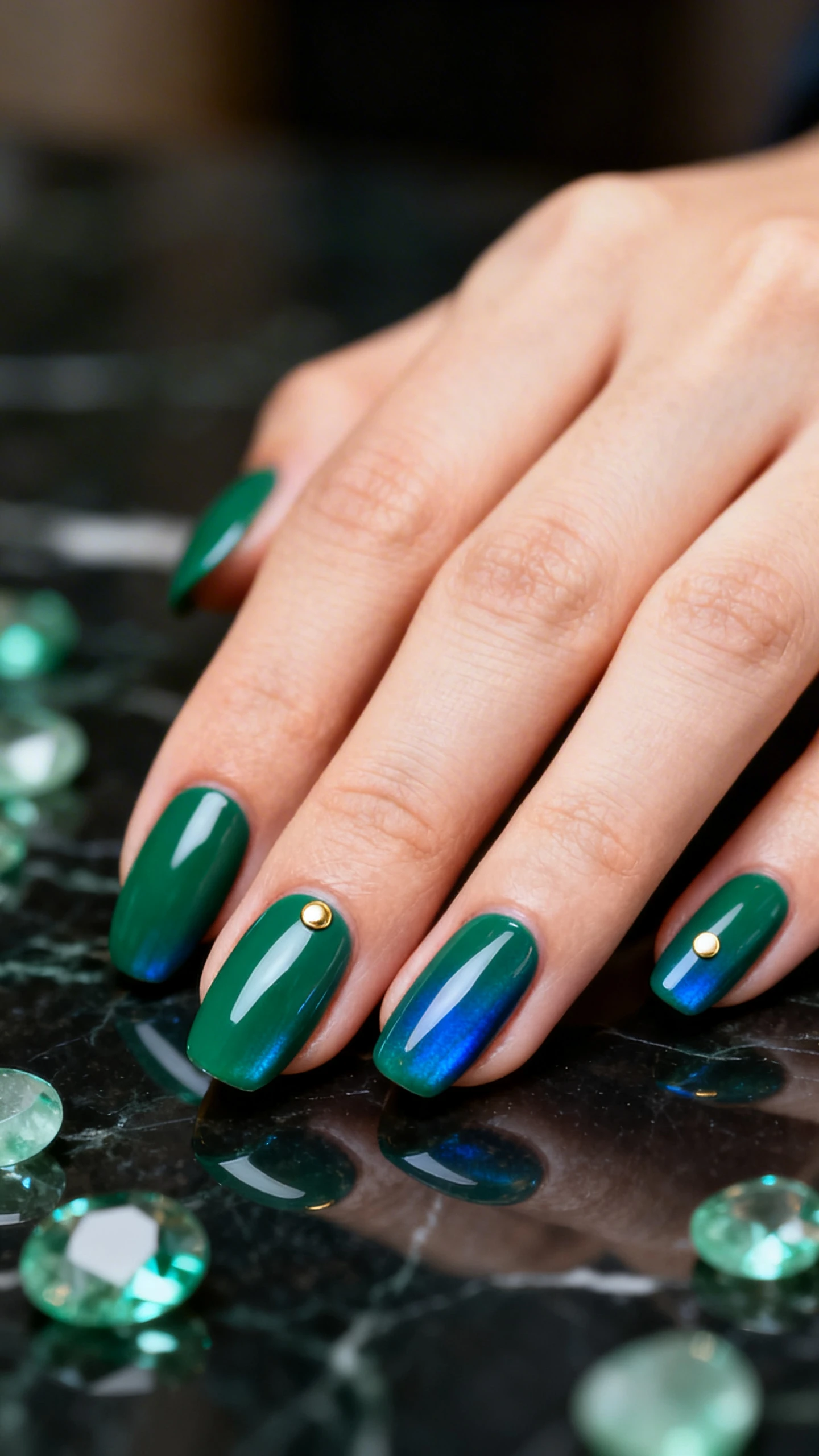 A macro, high-resolution photo of one hand showcasing medium almond nails painted in a rich, opaque emerald gel with blue undertones, finished with an ultra-glossy “glass” top coat that reflects light without visible brushstrokes; include an optional single accent nail with a tiny, minimalist gold dot near the cuticle; shot on a sleek dark marble or polished glass surface with emerald gemstones softly scattered for theme, modern Instagram-worthy lighting, shallow depth of field, no faces, only the hand and nails in sharp focus.