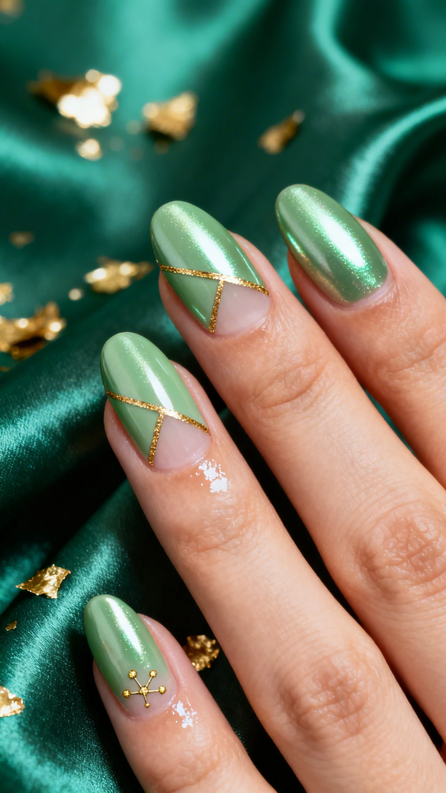 A macro, high-resolution photo of one hand with medium almond nails finished in soft green mirror chrome on all fingers; middle and ring fingers feature diagonal negative-space cutouts near the sidewalls edged with ultra-thin gold foil lines; index finger shows a tiny constellation cluster of gold dots near the cuticle; reflective but controlled studio lighting to capture chrome without hotspots, cuticles glistening with sweet almond + squalane oil; background is a luxe emerald satin fabric with a few scattered gold foil flakes, artistically blurred; modern Instagram style, nails in crisp focus, no faces.