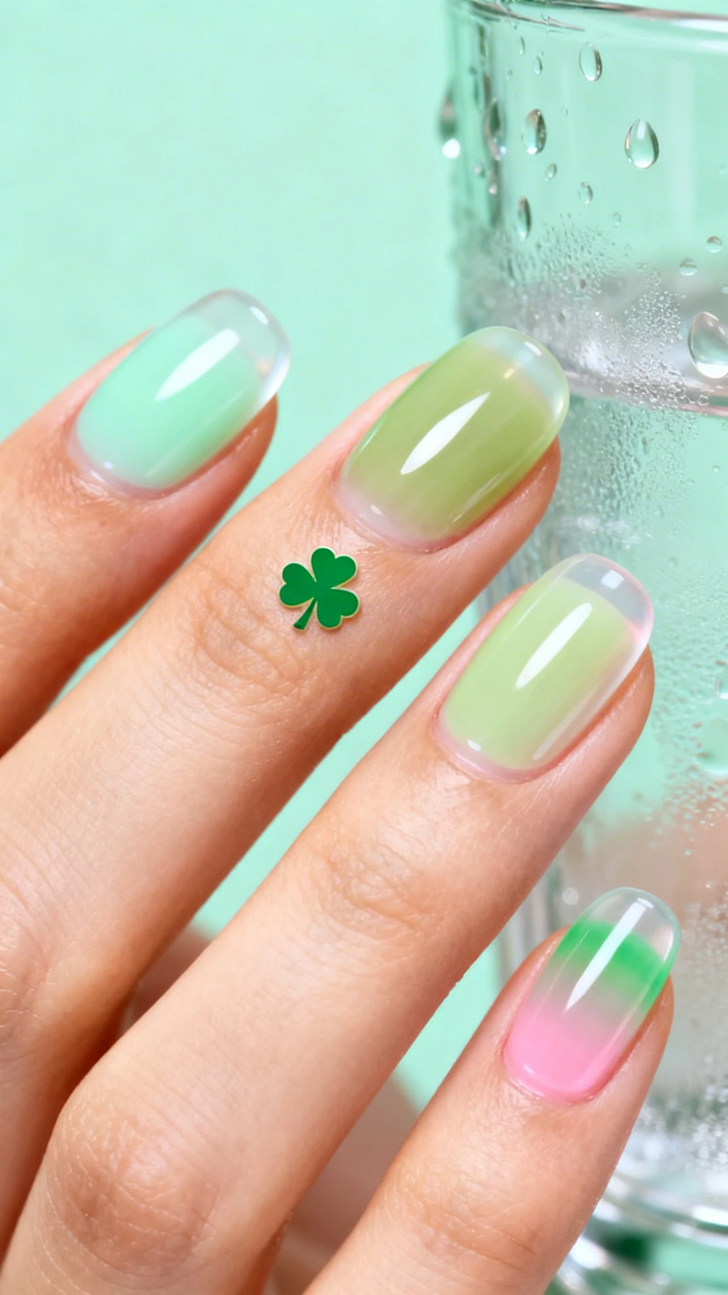 A macro, high-resolution photo of one hand with short, rounded nails in translucent jelly “skittles” greens: thumb soft seafoam, index pale mint, middle cool pistachio, ring light jade, pinky icy green—each semi-sheer with visible depth. One small shamrock decal total on the middle nail, floating slightly off-center. Sharp focus with glossy reflections; airy mint-toned backdrop with frosted glass and dewdrop condensation for a fresh, spring feel. Clean, editorial composition; no faces, only the nails.