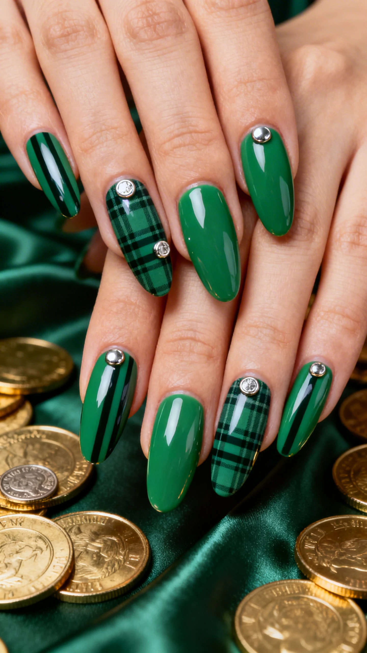 A sharp, high-definition macro photo of one hand with long almond nails fully coated in opaque emerald green; subtle plaid created with dark forest gel: two vertical stripes (left third and right third) and two horizontal stripes per nail; layered thinner accent stripes in blackened green for depth; select nails adorned with tiny chrome coin studs near the cuticle or grid intersections for reflective pop; glassy topcoat, immaculate lines; background of scattered faux gold coins and deep green satin fabric; polished, Instagram-ready lighting; no faces, only the hand and nails.