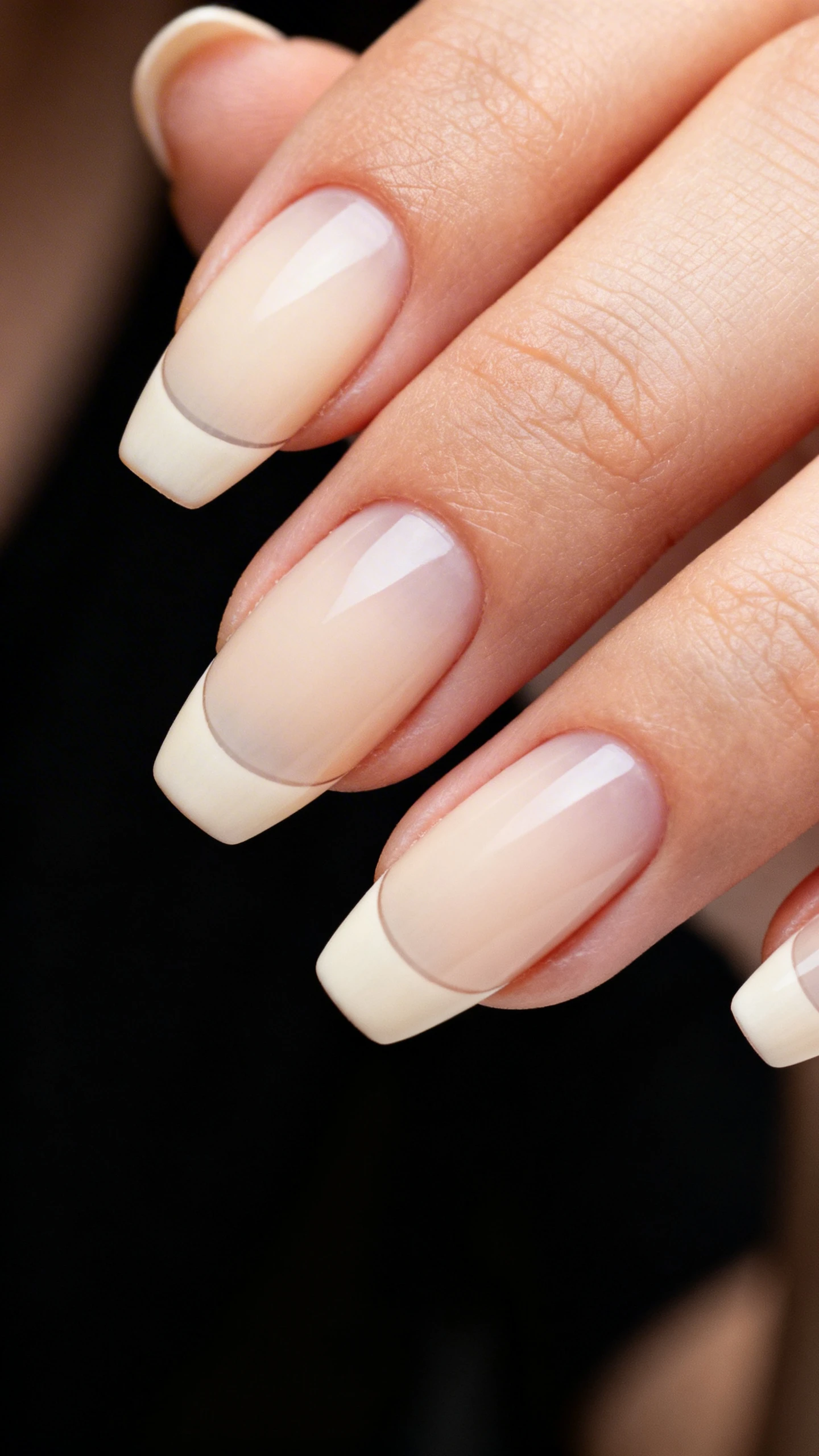 A sharp, high-resolution macro of one hand with medium-length almond or soft-square nails, precise free edges, wearing a single thin coat of sheer beige/cream as the translucent base. Ultra-thin French tips (about 1–