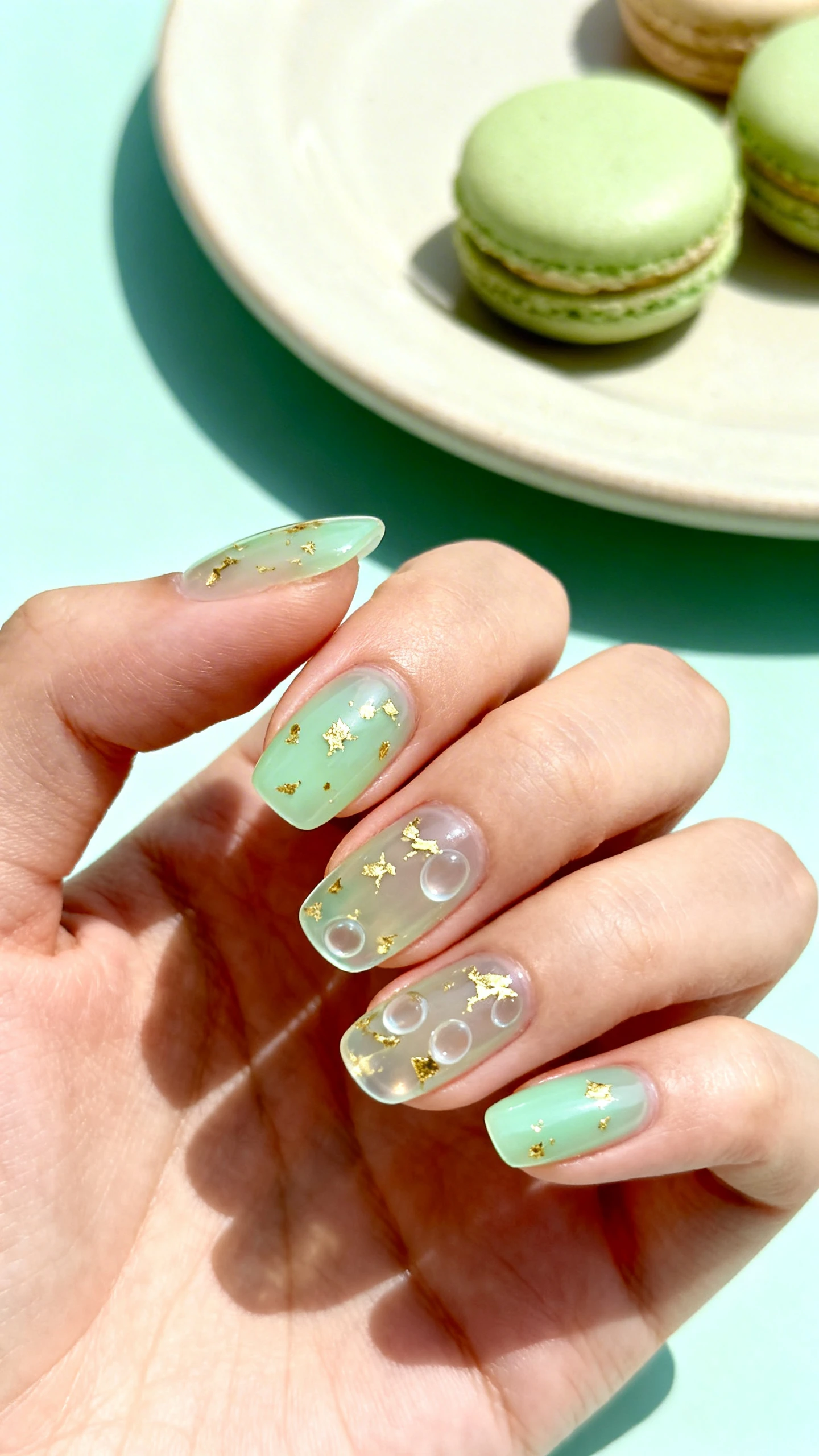 A sharp macro photo of one hand with short-to-medium squoval nails in translucent pistachio jelly (2–3 thin coats), maintaining a minty see-through tint; delicate scatter of gold flake polish across each nail with tiny clear pockets showing through for airy dimension; nails in crisp focus, no faces; soft pastel background of pistachio macarons and a pale ceramic plate, bright natural light for a fresh, wearable vibe.