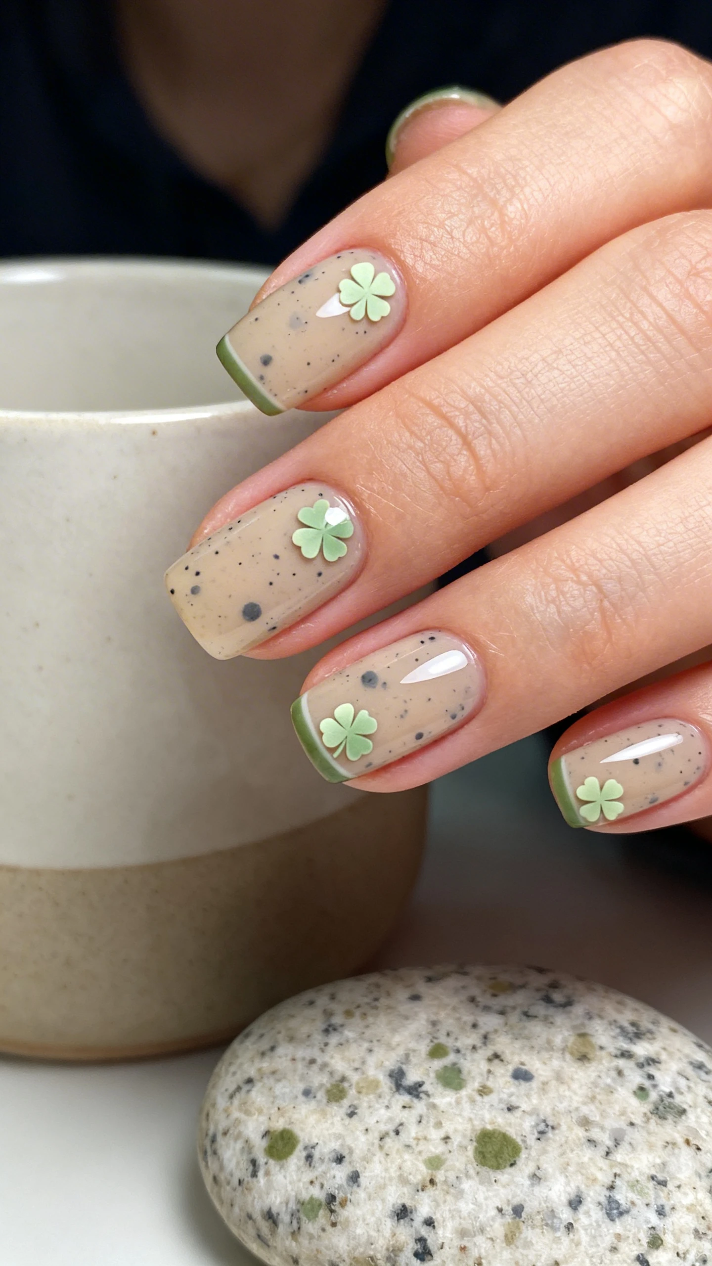 A sharp macro photograph of one hand with rounded square nails in a soft sand jelly sheer base; fine micro-speckles of charcoal gray and muted olive are scattered lightly across all nails; 1–2 accent nails per hand feature tiny filled shamrocks in pale eucalyptus green, placed either centered near the tip or off-center by the sidewall; glossy finish; background shows a softly blurred ceramic cup and a speckled stone to echo the pattern; Instagram-ready styling; only the hand and nails visible.