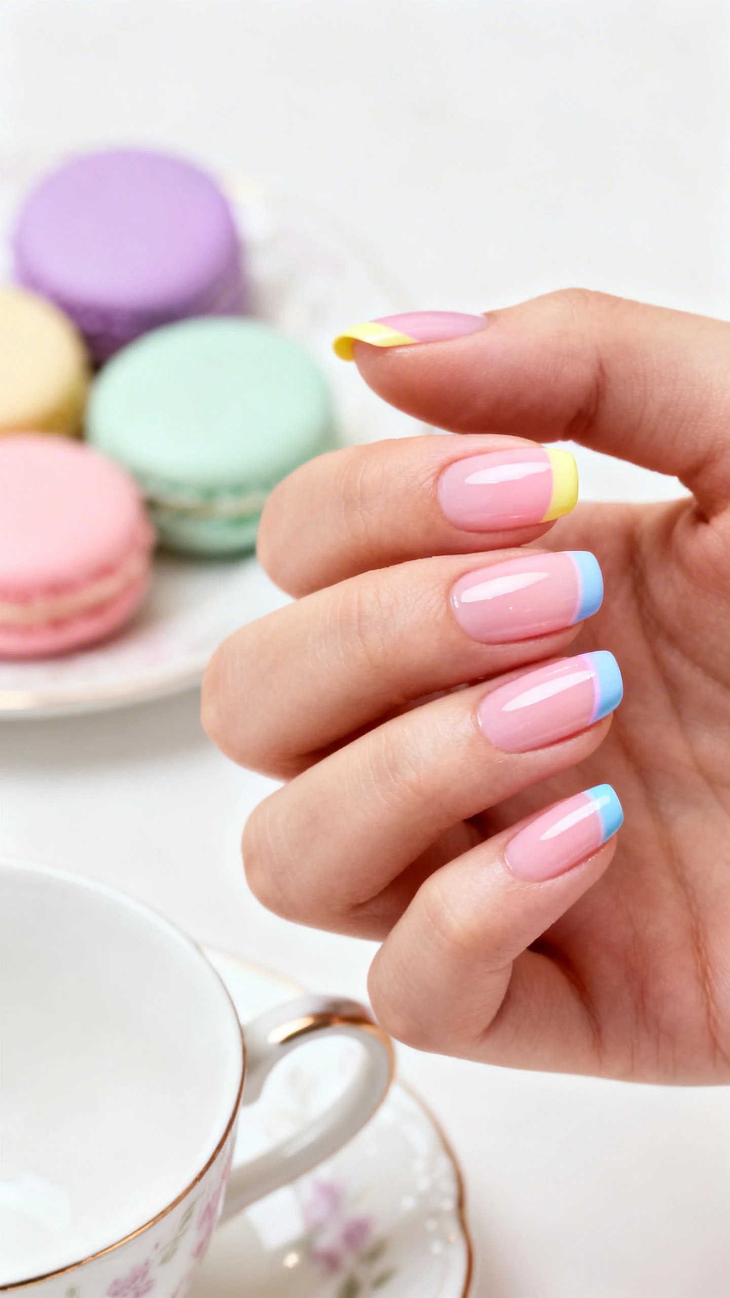 A sleek macro photograph of one hand with medium almond/short oval nails; sheer pink or sheer cream base for a clean, healthy nail bed; delicate pastel French tips (1–2 mm) in lemon sorbet yellow, icy mint, lilac, and sky blue—either one color across all tips or alternating per nail; ultra-gloss, sugar-glaze shine that looks dewy; razor-sharp focus on the micro-French edges; softly blurred background of pastel macarons and fine porcelain teacup accents; chic, minimal, Instagram-ready styling; no faces, only the hand and nails.