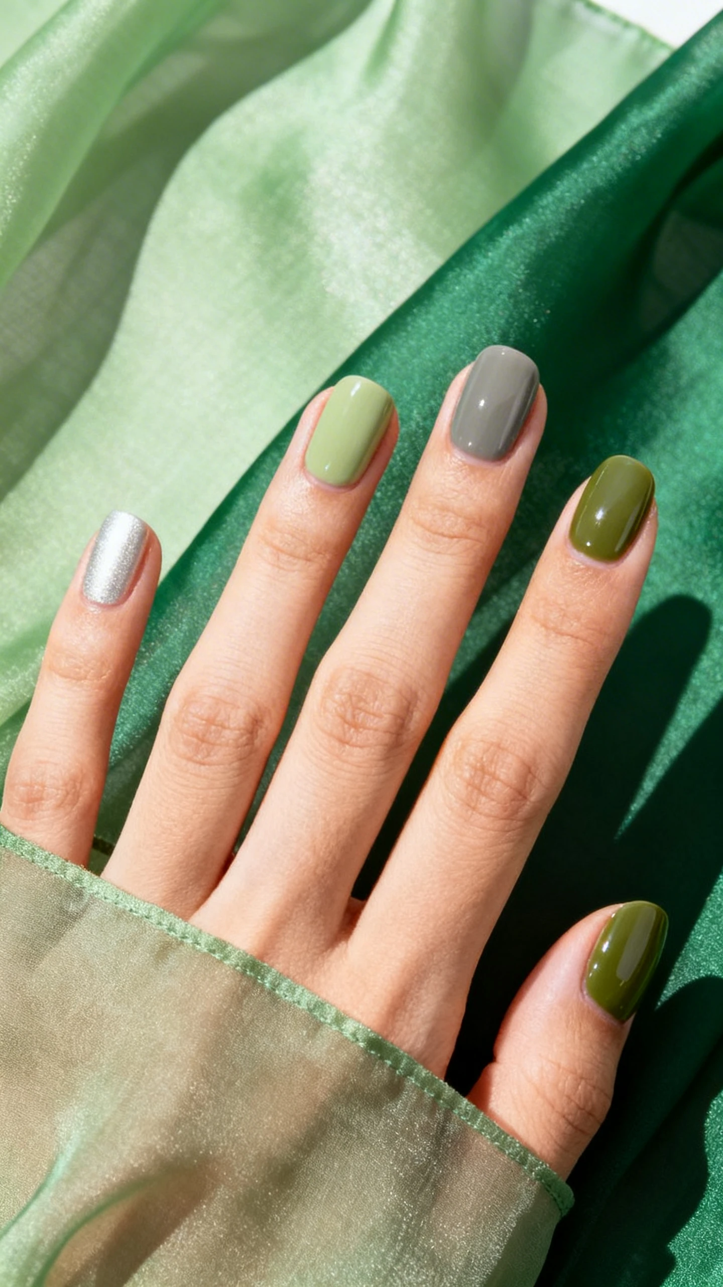 A vibrant macro photograph of one hand with short-to-medium rounded nails in an olive-adjacent skittle gradient over a smoothing base: thumb pale silvery sage cream, index light pistachio-olive cream, middle classic mid-tone olive cream, ring smoky gray-olive cream, pinky deep mossy olive cream; topped with a subtle donut-glaze effect for uniform soft sheen. Background: gradient-toned chiffon fabric transitioning from sage to moss to echo the nails. Lighting: bright, even daylight with slight backlight to enhance the glazed sheen, razor-sharp focus, no faces.