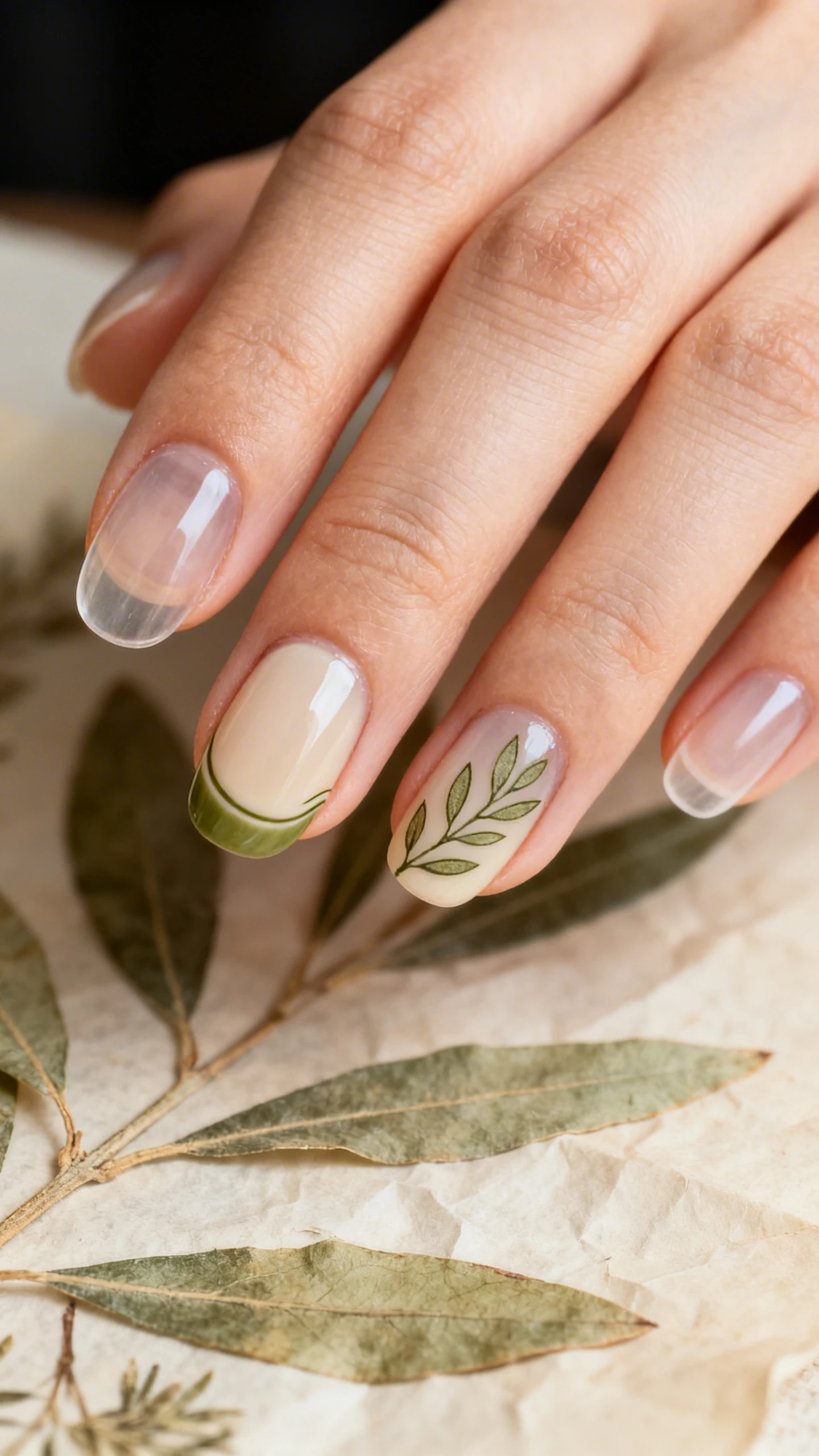 An elegant macro image of one hand with medium oval nails over a clear or single sheer cream-beige base; delicate negative-space olive leaf sprigs in a slightly cool-toned olive green starting at the lower sidewall and curving toward the free edge on the ring and middle fingers; ultra-fine linework with tiny leaves, other nails kept minimal and translucent. Background: pressed botanical leaves on parchment for a refined, organic theme. Lighting: soft directional light to highlight linework and transparency, high-resolution detail, no faces.