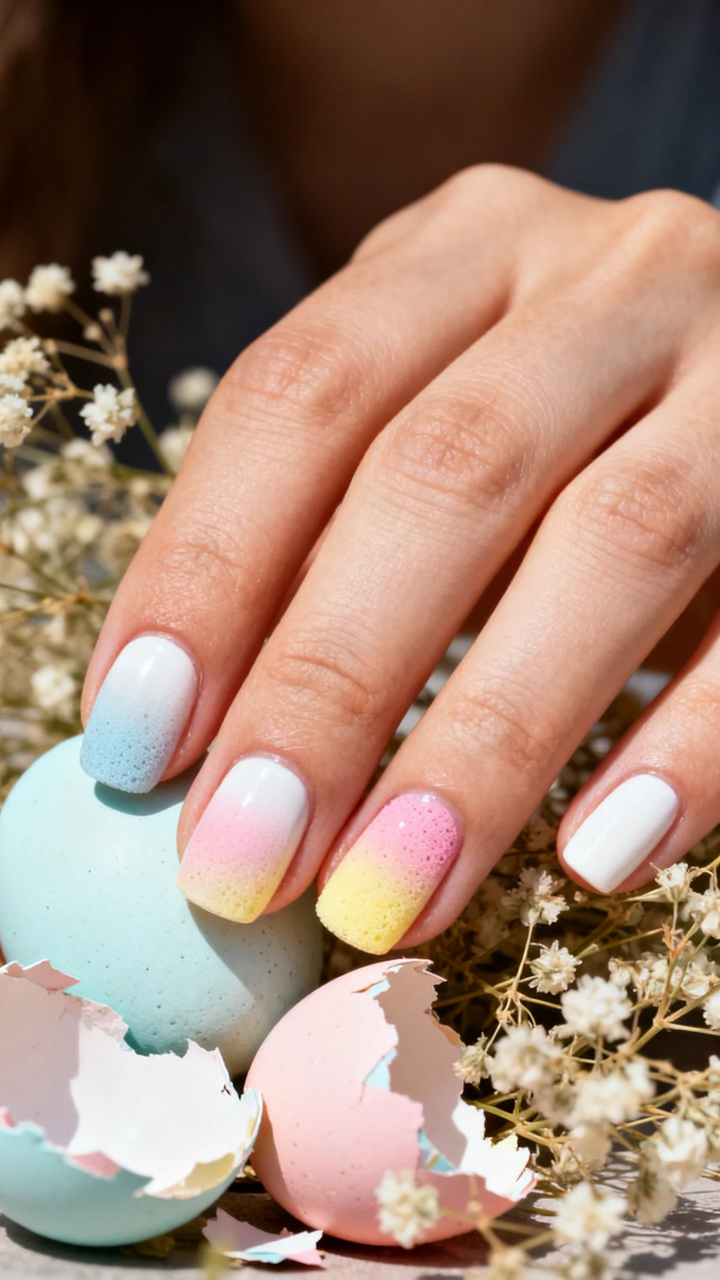 Macro close-up, high-resolution photograph of a faceless hand with sharp, focused attention solely on the neatly manicured nails. The design features 2 flawless coats of eggshell white base coat, topped with a soft, sponge-blended aura gradient of muted sky blue, blush pink, and buttery yellow. The hand rests on a bed of crushed pastel Easter egg shells and dried baby’s breath, bathed in warm natural spring daylight for an inviting, Instagram-worthy soft bright aesthetic., macro nail photography, high quality, Instagram-worthy, clean composition