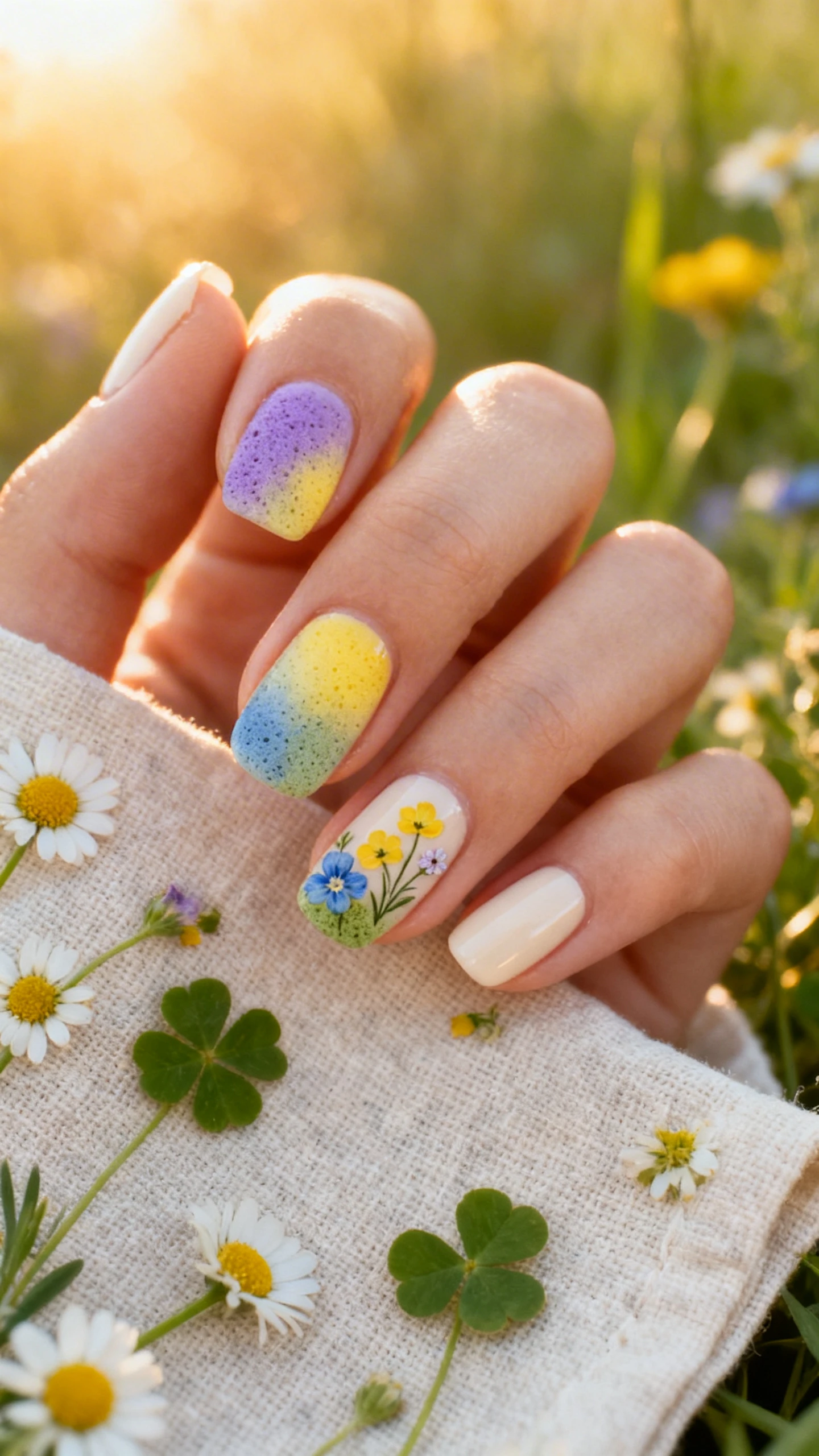 Macro close-up, high-resolution photograph of a faceless hand with crisp focus only on the nails. The design includes 2 smooth coats of soft ivory base coat, topped with a wildflower meadow sponge-blended aura gradient of lavender clover, buttercup yellow, cornflower blue, and soft moss green, plus tiny hand-painted delicate wildflower accents on the ring finger. The hand rests on a linen napkin dotted with fresh tiny daisies and clover sprigs, lit by warm golden spring sunlight for a cheerful Instagram-worthy look., macro nail photography, high quality, Instagram-worthy, clean composition
