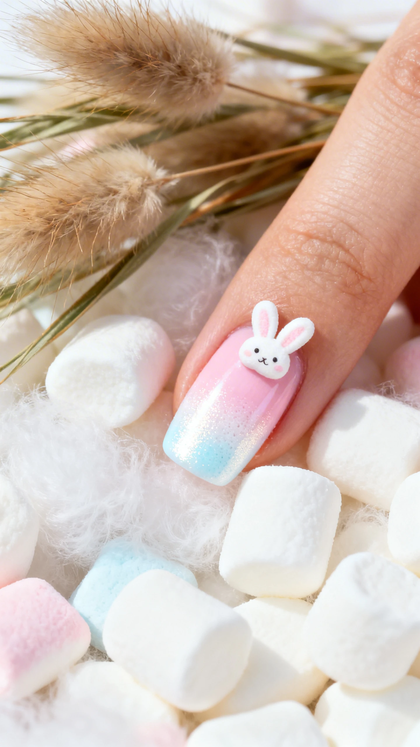 Macro close-up, high-resolution photograph of a faceless hand with sharp focus solely on the manicured nails. The design features 2 flawless coats of bright white base coat, topped with a fluffy sponge-blended aura gradient of pastel baby pink, pale sky blue, and pearlescent white, accented with tiny hand-painted marshmallow bunny ear details on the ring finger. The hand rests on a pile of fluffy mini marshmallows and dried bunny tail grass, with soft diffused spring daylight for a cozy, dreamy Instagram-worthy aesthetic., macro nail photography, high quality, Instagram-worthy, clean composition