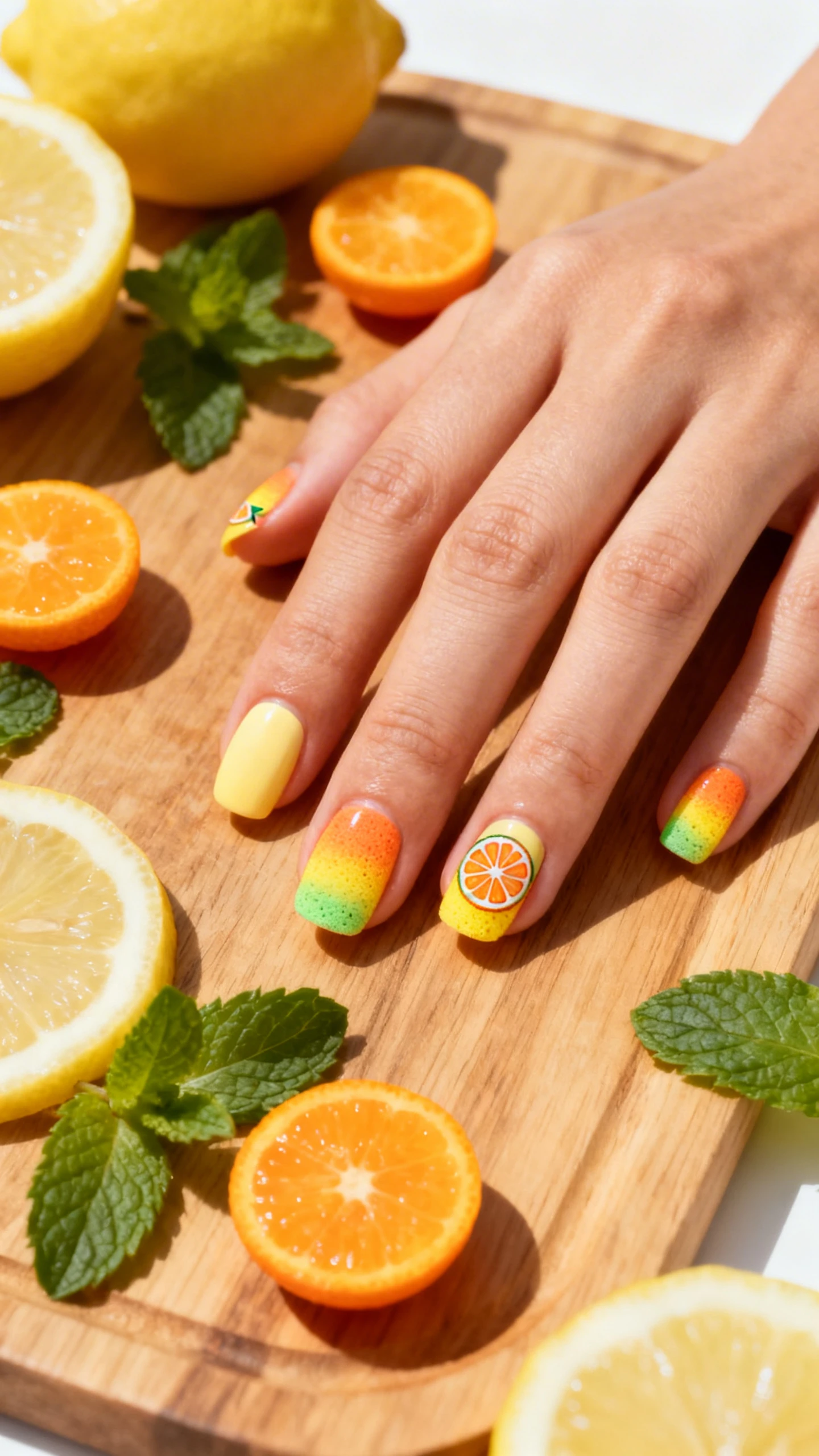 Macro close-up, high-resolution photograph of a faceless hand with sharp, focused attention on the neatly manicured nails. The design includes 2 smooth coats of pale lemon base coat, topped with a vibrant yet soft citrus Easter sponge-blended aura gradient of tangerine, bright citrus yellow, and lime green, plus tiny hand-painted mini citrus slice accents on the accent nails. The hand rests on a wooden serving board scattered with sliced mini oranges, lemons, and fresh mint sprigs, lit by bright natural sunlight for a fresh, sunny Instagram-worthy spring aesthetic., macro nail photography, high quality, Instagram-worthy, clean composition