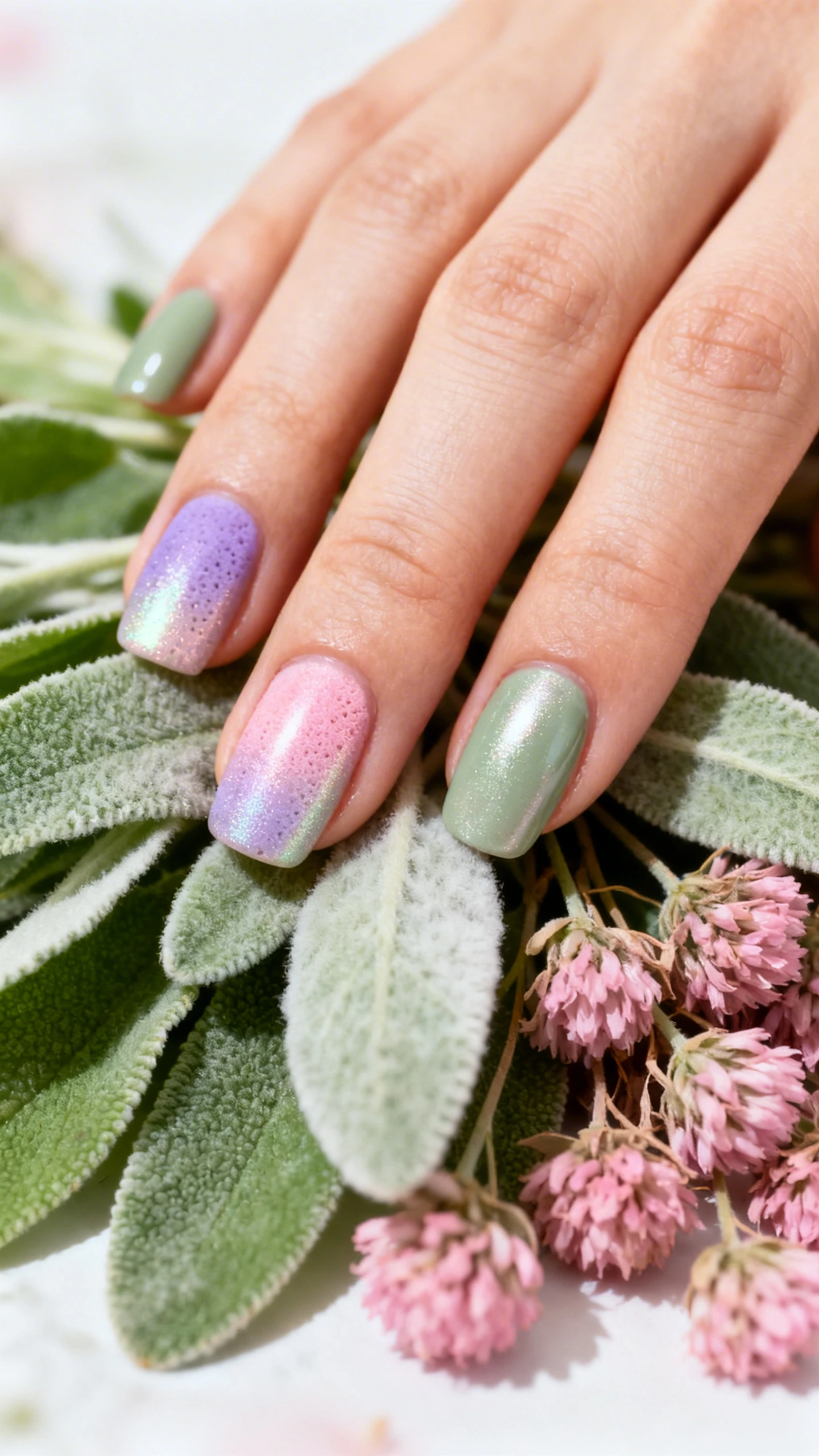 Macro close-up, high-resolution photograph of a faceless hand with sharp focus solely on the manicured nails. The design features 2 flawless coats of muted sage green base coat, topped with a gentle sponge-blended aura gradient of soft lavender, blush pink, and pearlescent muted sage, crafted to mimic the fuzzy, soft texture of lamb’s ear foliage. The hand rests on a pile of fresh lamb’s ear leaves and dried pink clover blooms, with soft diffused natural daylight for a quiet, dreamy Instagram-worthy spring aesthetic., macro nail photography, high quality, Instagram-worthy, clean composition