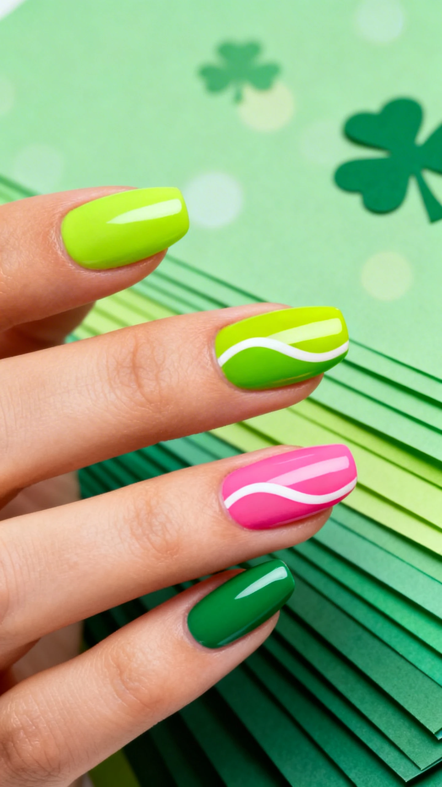 Macro photo of a single hand in Shamrock Waves Skittle: five-tone set across the hand—thumb vivid neon lime, index lighter fluorescent green, middle true neon green, ring vibrant chartreuse, pinky deeper emerald-green. On index and ring, a single slim cream negative-space wave runs diagonally from lower outside to upper inside. Finish is glossy; shape medium almond. Lighting: bright, color-accurate to distinguish tones. Background: gradient green paper stack with a subtle shamrock cutout bokeh. No faces; only hand; high-resolution, sharp edges; modern, minimal IG aesthetic.