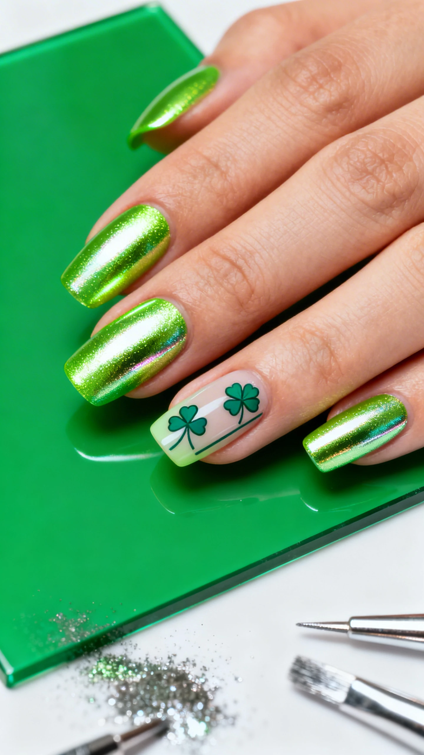 Macro photo of a single hand with full-coverage neon green gel transformed by rubbed mirror chrome for a metallic lime effect: uniform reflective finish on all nails; ring finger accent nails display two tiny outlined clovers in deep emerald near the cuticle corner—delicate, thin line art. Shape is medium squoval. Lighting: directional to catch chrome sheen and subtle curvature. Background: glossy emerald acrylic panel with scattered chrome powder tools softly blurred. No faces; only hand; high-resolution, tack-sharp details; modern, editorial IG style.
