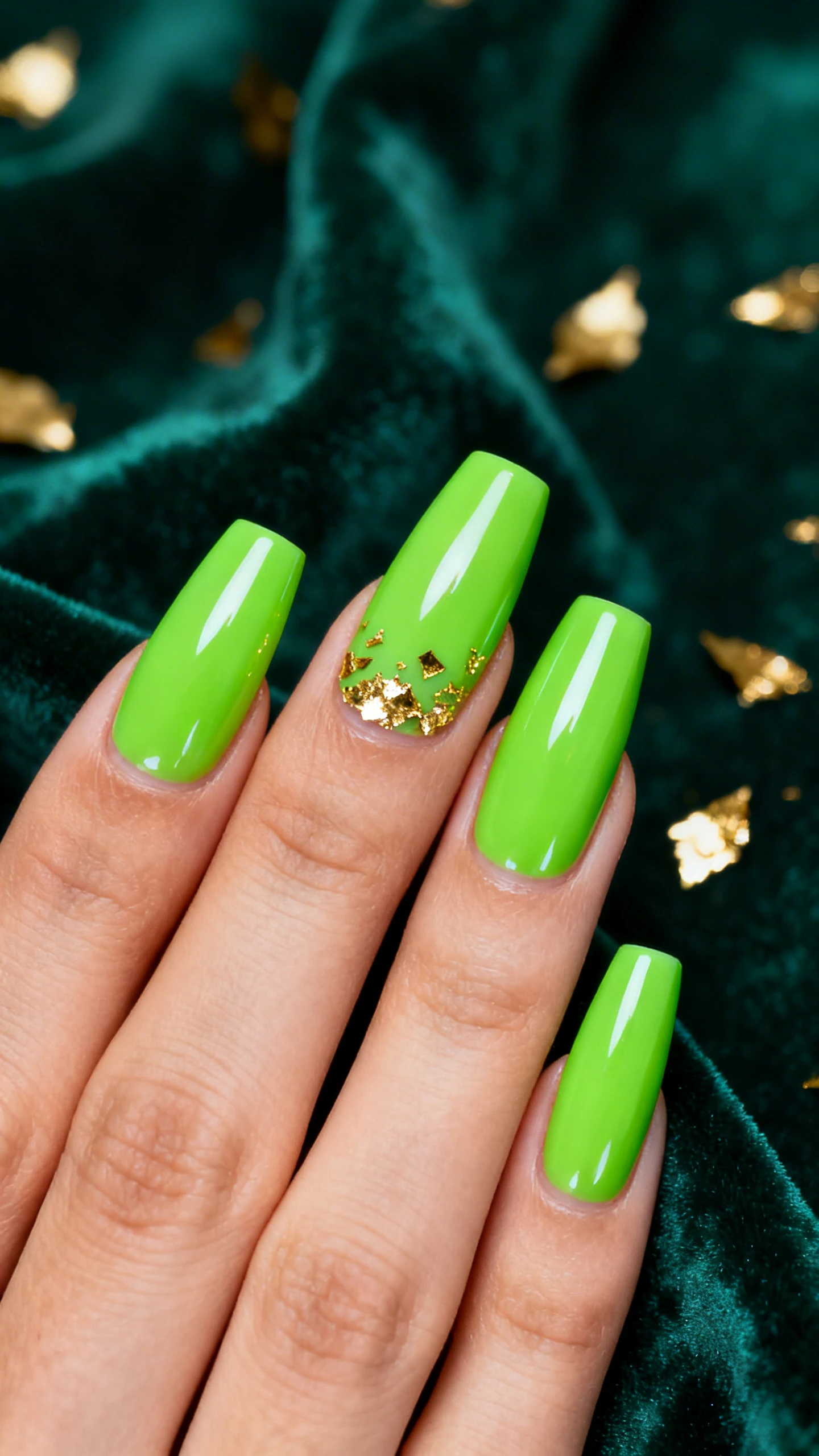 Macro photo of a single hand with medium coffin nails in Lucky Foil Sparks: full neon green coverage on all nails; tiny gold foil shards clustered asymmetrically near the cuticle on middle and ring fingers, fading toward center; thumb, index, and pinky are solid neon with no foil. Ultra-glossy glass top coat, crisp coffin edges. Lighting: specular highlights to make foil pop and neon glow. Background: dark emerald velvet with scattered gold leaf flecks softly blurred. No faces; only hand; high-resolution, razor-sharp details; chic Instagram style.