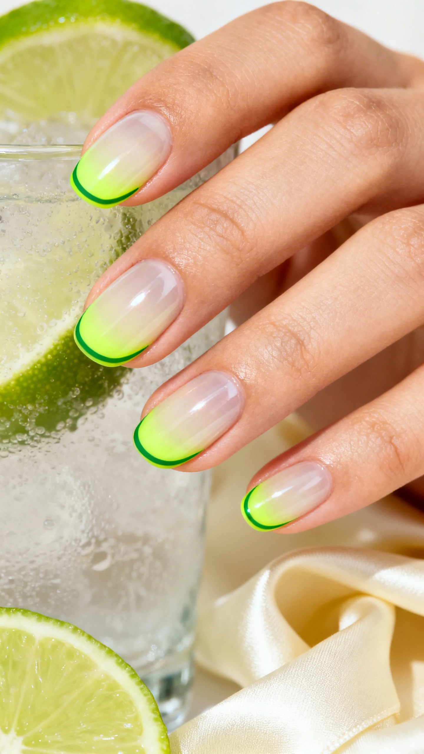 Macro photo of a single hand with medium-short oval nails featuring Lime Light Aura French: transparent glossy base with a sheer cream wash; ultra-fine neon electric-lime micro French tips; soft airbrushed neon green aura fading inward 3–4 mm from the tip line; optional ultra-thin deeper-green outline tracing the smile line. Lighting is bright, crisp, and reflective to highlight gloss and aura blend. Background: soft-focus frosted glass with lime slices and a pale cream silk scarf for a fresh, St. Patrick’s vibe. No faces, only hand; high-resolution, sharp focus on nail edges and aura gradient; modern Instagram aesthetic.